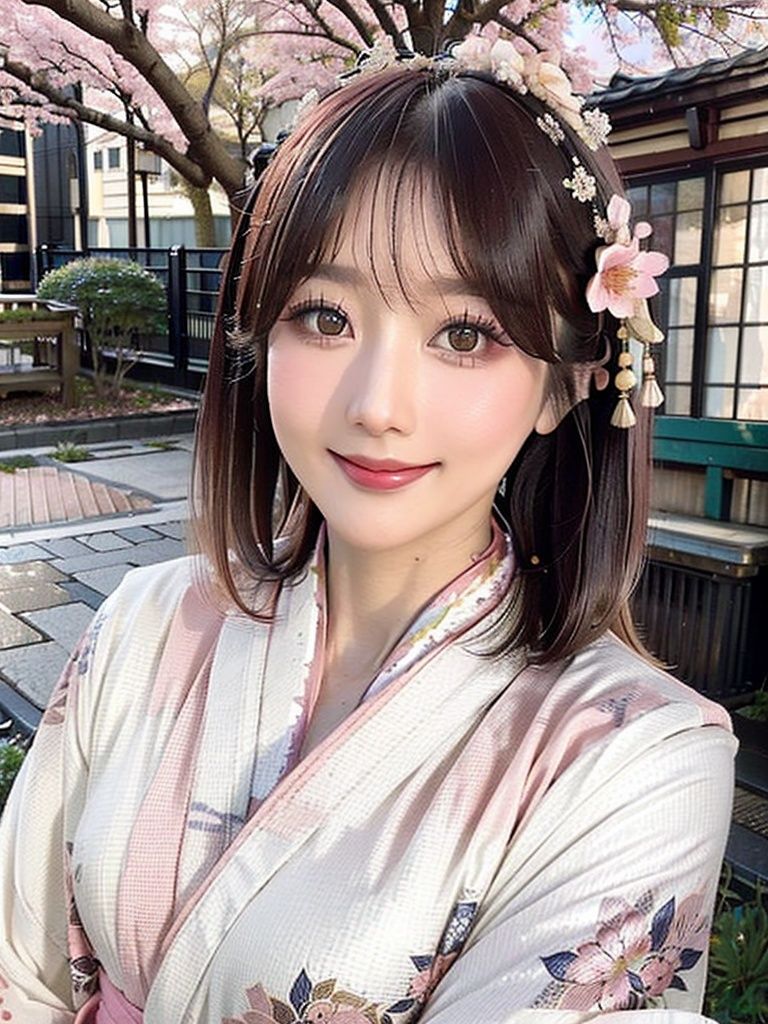 (Portrait photography:1.5),(high-quality),(portrait:1.3),portrait photo,jpg,(exquisite girl:1.5),(detailed and realistic),(Japanese street:1.4),(street photography),(colorful),(vibrant),(dynamic),(urban),(solo),(medium shot),(delicate and natural lighting:1.2),(soft sunlight:1.15),((pink cherry blossom trees:1.3) in the background),(detailed traditional Japanese buildings:1.2),(slight bokeh effect:1.1),((traditional kimono:1.4) with intricate patterns),(elaborate hair accessories:1.25),((bright smile:1.3) and lively expression),(big expressive eyes:1.2),((natural makeup:1.15) with rosy cheeks),((simple and elegant pose:1.2) with a touch of playfulness),((delicate fan:1.1) in hand),(confident and graceful posture),(captivating and charming personality)