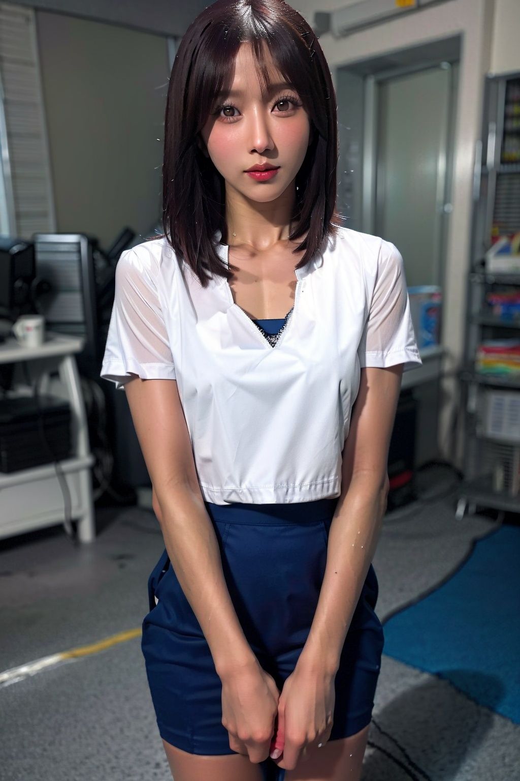 realistic,1girl,solo,(sweaty:1.2),(standing),(8K RAW photo), (high quality), (ultra high resolution),(sweating profusely:1.33),(ray tracing:1),(flat chest),(full body:1.44),(dark skin)