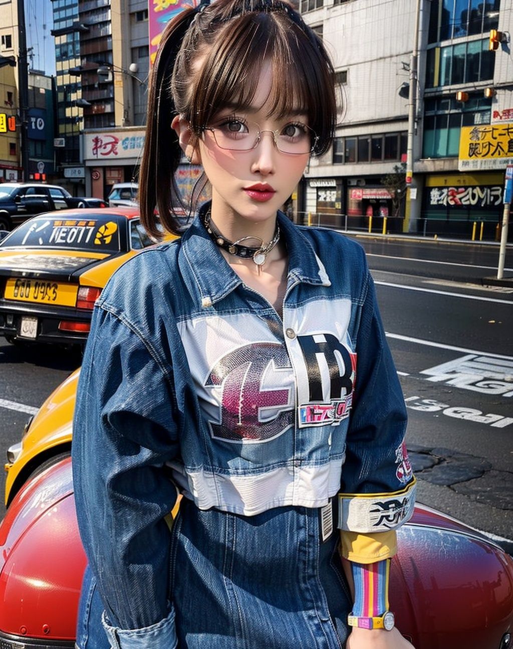 (90s fashion:1.5),(retro photography),(girl:1.2),(Japan:1.4),(nostalgic vibes:1.3),(urban street:1.3),(full-body shot:1.444),(street photography),(vintage look),(solo),(dynamic pose),(90s hairstyle:1.2),(bold and colorful outfit),(denim jacket with patches),(baggy jeans),(sneakers with vibrant colors),(retro accessories:1.15),(choker necklace),(oversized sunglasses),(scrunchie in hair),(graphic t-shirt:1.1),(pop culture reference),(walkman in hand),(90s graffiti backdrop),(authentic street art),(neon signs and billboards:1.2),(old school arcades),(vintage cars),(cassette tapes),(authentic 90s atmosphere),(nostalgic color grading:1.2),(film grain effect),(capturing the essence of the era)
