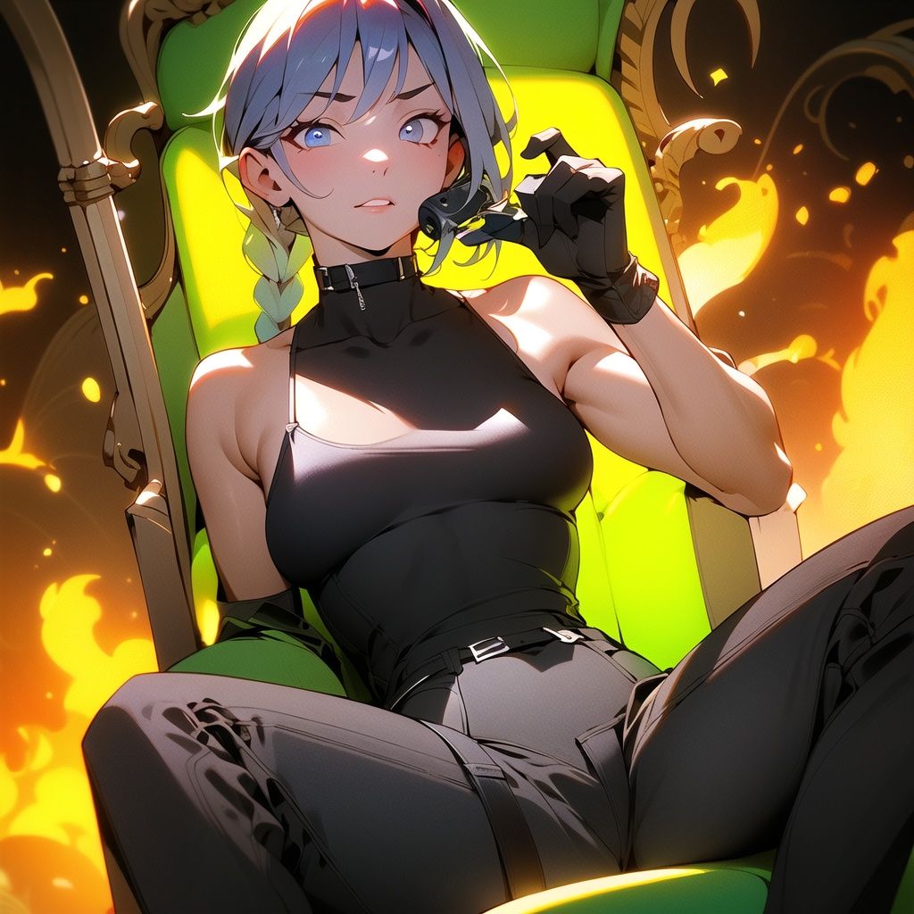 (Flat coating),Masterpiece,the best quality,ragemode,Morning,1girl,Sexy,an expression of contempt,Red Battle Braids,Wearing a black camisole,with fighting gloves,Sitting on the throne,Overlooking,Abstract,bokeh,Depth of field,Thin,Right to the lens,The background of the burning war,Big breasts,one side of the body,
