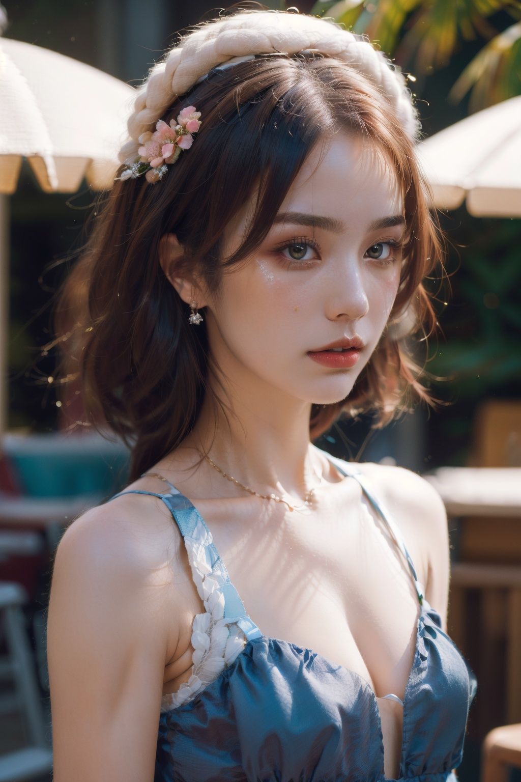 (style by artist Marta Bevacqua:1.2),1girl,solo,ArtStation,Deviant ART,official art,unity 8k wallpaper,ultra detailed,beautiful and aesthetic,beautiful,masterpiece,(perfectly shiny skin:1.2),(very detailed face),Red hair,full body,Florist,Blue Dress, <lora:arien person_20230618143449:1>