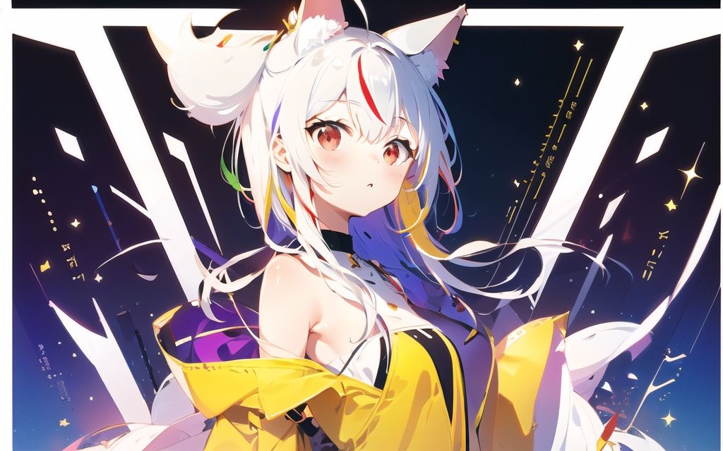 ((masterpiece)) , (best quality), <lora:taida vtb_3550:0.9>, 1girl, solo, red ahoge, streaked hair, Multicolored hair, red ahoge, taida full, taida head, wolf ears, white hair, wolf tail, one side up,  red eyes, neck ring, [strapless], dynamic pose, Various angles, tight shot, upper_body,  dynamic angle, golden composition, Various angles, from side, (ultra detailed), (Master's work), (highres), highly detailed, (an extremely delicate and beautiful), extremely detailed 8K wallpaper, very detailed CG, complex details, illustration, Purple yellow white theme,  detailed clothes, yellow Purple  clothing, colored inner hair, high detailed face, illustration cover, intricate detail, cover, Sense of form, planar composition, colorful, figure, intricate, highres, magazine cover, various hairstyle, concept art, floating object, layout, Dojinshi, Graphic Design, loli, poster art, cover page, cover page, detailed background, letterboxed, Multiplex, layout, solo focus, Extra Large Font Size, Font Design, bright coloured, Cute figure, (geometry: 0.3), impact, dynamic angle, Main vision, Official paintings,  Gorgeous clothes, strapless **** top, <lora:eyeLora_eyesV10:0.25>