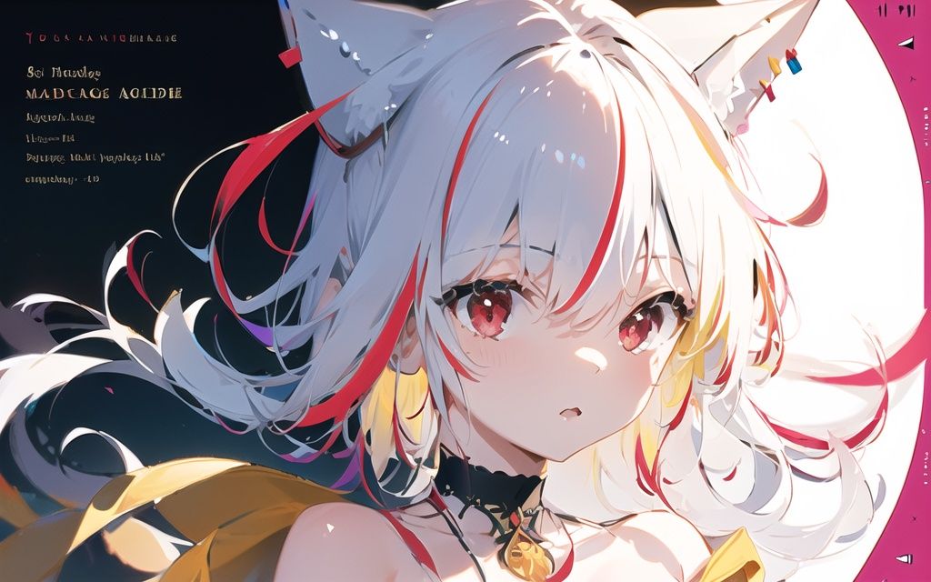 ((masterpiece)) , (best quality), <lora:taida vtb_3550:0.9>, 1girl, solo, red ahoge, streaked hair, Multicolored hair, red ahoge, taida full, taida head, wolf ears, white hair, wolf tail, one side up,  red eyes, neck ring, [strapless], dynamic pose, Various angles, tight shot, upper_body,  dynamic angle, golden composition, Various angles, from side, (ultra detailed), (Master's work), (highres), highly detailed, (an extremely delicate and beautiful), extremely detailed 8K wallpaper, very detailed CG, complex details, illustration, Purple yellow white theme,  detailed clothes, yellow Purple  clothing, colored inner hair, high detailed face, illustration cover, intricate detail, cover, Sense of form, planar composition, colorful, figure, intricate, highres, magazine cover, various hairstyle, concept art, floating object, layout, Dojinshi, Graphic Design, loli, poster art, cover page, cover page, detailed background, letterboxed, Multiplex, layout, solo focus, Extra Large Font Size, Font Design, bright coloured, Cute figure, (geometry: 0.3), impact, dynamic angle, Main vision, Official paintings,  Gorgeous clothes, strapless **** top, <lora:eyeLora_eyesV10:0.25>