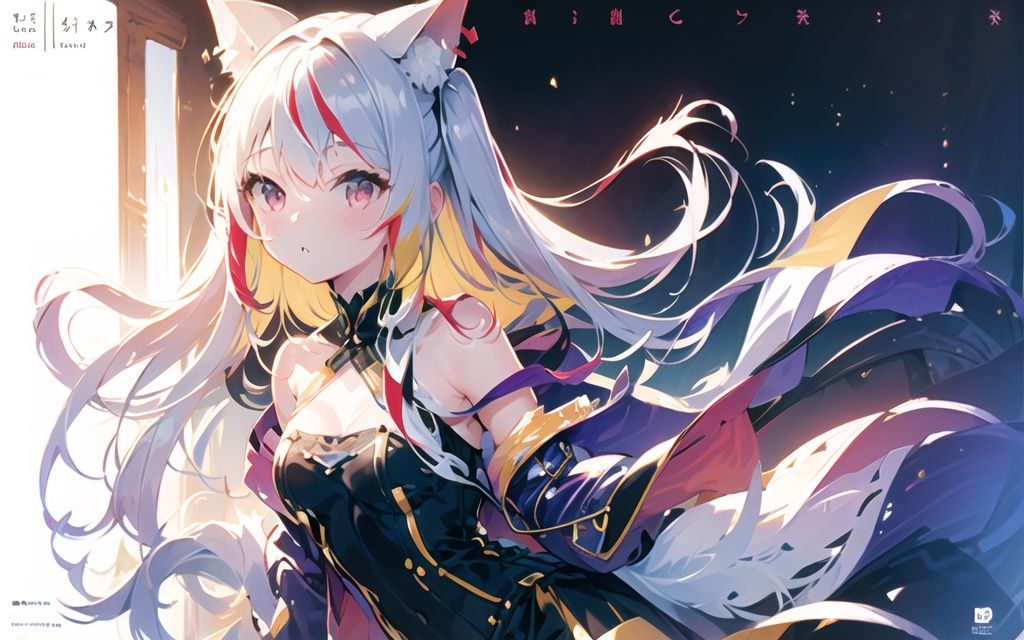 ((masterpiece)) , (best quality), <lora:taida vtb_3550:0.9>, 1girl, solo, red ahoge, streaked hair, Multicolored hair, red ahoge, taida full, taida head, wolf ears, white hair, wolf tail, one side up,  red eyes, neck ring, [strapless], dynamic pose, Various angles, tight shot, upper_body,  dynamic angle, golden composition, Various angles, from side, (ultra detailed), (Master's work), (highres), highly detailed, (an extremely delicate and beautiful), extremely detailed 8K wallpaper, very detailed CG, complex details, illustration, Purple yellow white theme detailed clothes, yellow Purple  clothing, colored inner hair, high detailed face, illustration cover, intricate detail, cover, Sense of form, planar composition, colorful, figure, intricate, highres, magazine cover, various hairstyle, concept art, floating object, layout, Dojinshi, Graphic Design, loli, poster art, cover page, cover page, detailed background, letterboxed, Multiplex, layout, solo focus, Extra Large Font Size, Font Design, bright coloured, Cute figure, (geometry: 0.3), impact, dynamic angle, Main vision, Official paintings,  Gorgeous Yellow clothes, strapless **** top, <lora:eyeLora_eyesV10:0.25>