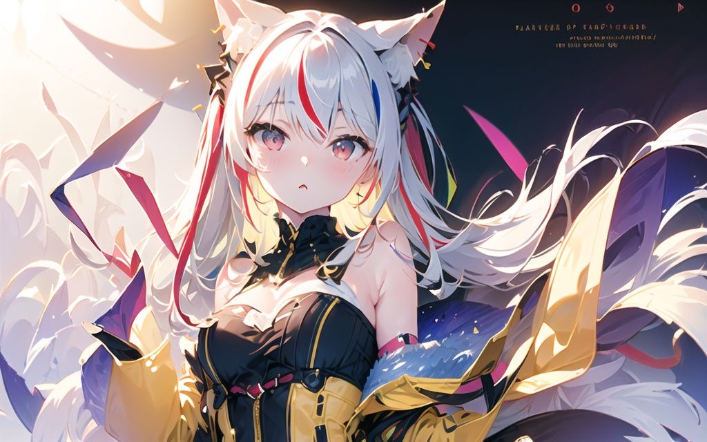 ((masterpiece)) , (best quality), <lora:taida vtb_3550:0.9>, 1girl, solo, red ahoge, streaked hair, Multicolored hair, red ahoge, taida full, taida head, wolf ears, white hair, wolf tail, one side up,  red eyes, neck ring, [strapless], dynamic pose, Various angles, tight shot, upper_body,  dynamic angle, golden composition, Various angles, from side, (ultra detailed), (Master's work), (highres), highly detailed, (an extremely delicate and beautiful), extremely detailed 8K wallpaper, very detailed CG, complex details, illustration, Purple yellow white theme detailed clothes, yellow Purple  clothing, colored inner hair, high detailed face, illustration cover, intricate detail, cover, Sense of form, planar composition, colorful, figure, intricate, highres, magazine cover, various hairstyle, concept art, floating object, layout, Dojinshi, Graphic Design, loli, poster art, cover page, cover page, detailed background, letterboxed, Multiplex, layout, solo focus, Extra Large Font Size, Font Design, bright coloured, Cute figure, (geometry: 0.3), impact, dynamic angle, Main vision, Official paintings,  Gorgeous Yellow clothes, strapless **** top, <lora:eyeLora_eyesV10:0.25>