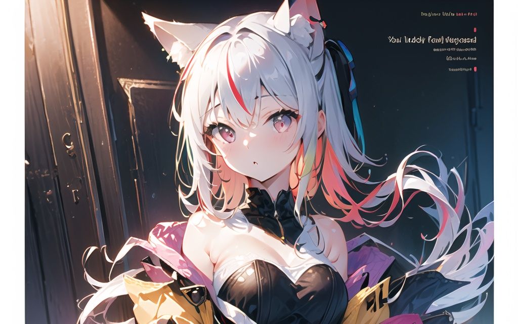 ((masterpiece)) , (best quality), <lora:taida vtb_3550:0.9>, 1girl, solo, red ahoge, streaked hair, Multicolored hair, red ahoge, taida full, taida head, wolf ears, white hair, wolf tail, one side up,  red eyes, neck ring, [strapless], dynamic pose, Various angles, tight shot, upper_body,  dynamic angle, golden composition, Various angles, from side, (ultra detailed), (Master's work), (highres), highly detailed, (an extremely delicate and beautiful), extremely detailed 8K wallpaper, very detailed CG, complex details, illustration, Purple yellow white theme detailed clothes, yellow Purple  clothing, colored inner hair, high detailed face, illustration cover, intricate detail, cover, Sense of form, planar composition, colorful, figure, intricate, highres, magazine cover, various hairstyle, concept art, floating object, layout, Dojinshi, Graphic Design, loli, poster art, cover page, cover page, detailed background, letterboxed, Multiplex, layout, solo focus, Extra Large Font Size, Font Design, bright coloured, Cute figure, (geometry: 0.3), impact, dynamic angle, Main vision, Official paintings,  Gorgeous Yellow clothes, strapless **** top, <lora:eyeLora_eyesV10:0.25>