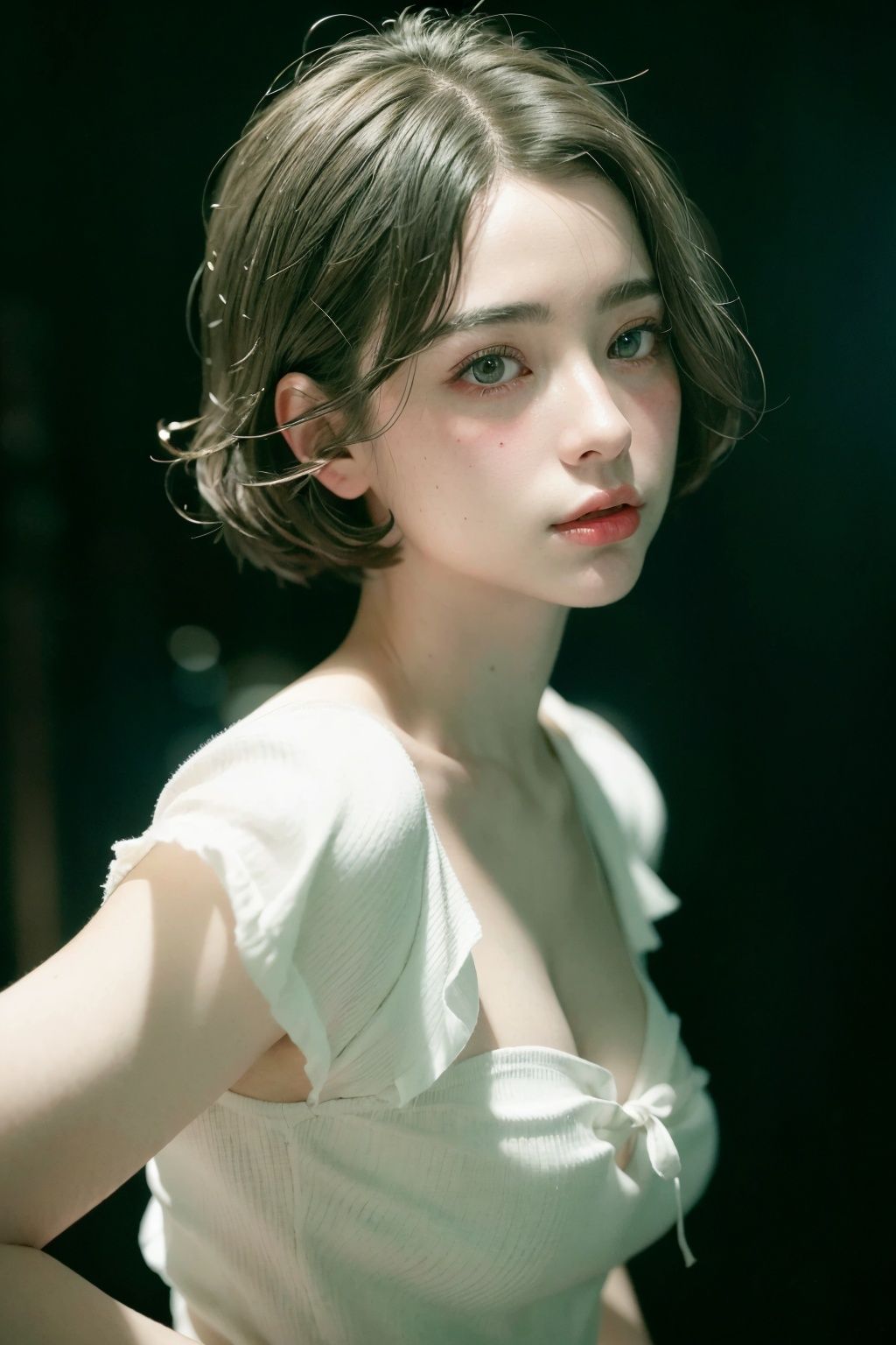 solo portrait photo of a real life girl ,short hair style,dark fantasy background, charming smirking by Ando Fuchs and Julius Horsthuis ultra realistic highly detailed intricate photorealistic analog style photograph sharp focus on eyes, cinematic lighting, 