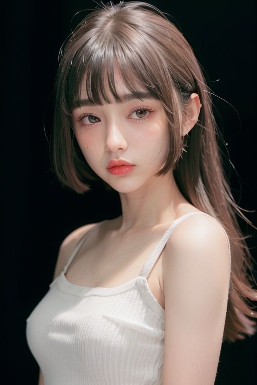 1 youth girl,solo,long hair,bangs,brown hair,open mouth,brown eyes,bright pupils,eyeball,upper body,((black t-shirt)),(from_side:1.3),big eyes,black Choker,(look at viewer),(((black background))),simple background,portrait,adolescent,bandaid,small breasts,(European),Three-dimensional facial features,Big nose,blush,lipstick,forehead,(glint),pout,dot nose,blunt bangs,bowl cut,Hair covers ears, <lora:EMS-1126-EMS:1>, <lora:EMS-591-EMS:0.3>
