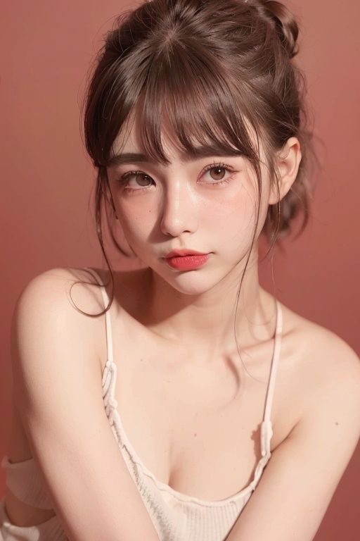 1girl,double bun hair style,portrait,red cheek,solo,t-shirt,((smile)),bangs,brown hair,,upper body,(look at viewer),simple background,portrait,small breasts,Three-dimensional facial features,blush,lipstick,forehead,(glint),pout,blunt bangs,bowl cut,Hair covers ears, <lora:EMS-1126-EMS:1>, <lora:EMS-591-EMS:0.3>