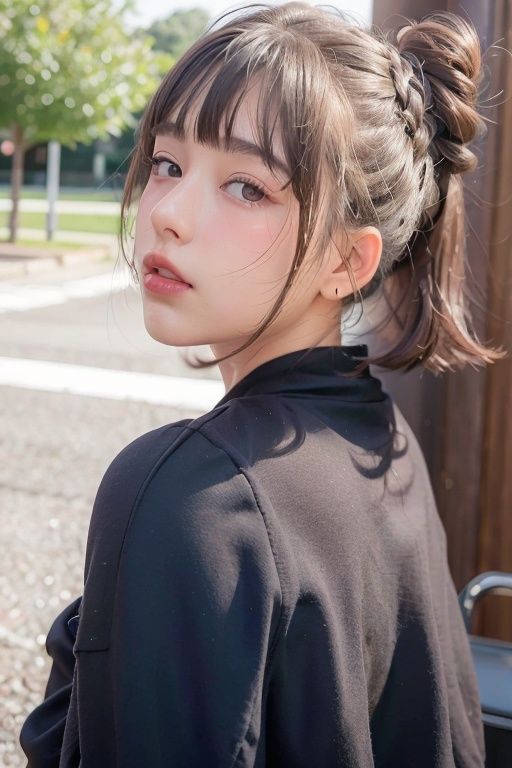 1girl,double bun hair style,portrait,jacket,black sweater,red cheek,solo,((smile)),bangs,brown hair,brown eyes,bright pupils,eyeball,upper body,(from_side:1.3),(look at viewer),simple background,portrait,small breasts,Three-dimensional facial features,blush,lipstick,forehead,(glint),pout,blunt bangs,bowl cut,Hair covers ears <lora:01_tazh:1> <lora:vw777rqlcr9r_neg4all_bdsqlsz:1>