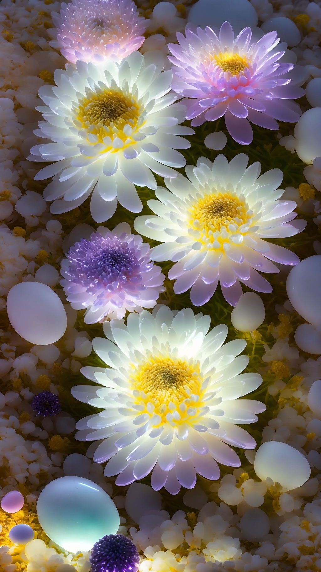 yutang,flower,(no humans:1.5),(Little Daisy:1.2),This photo is a beautiful beach in the moonlight,There are many colored chrysanthemums and transparent flowers scattered on the beach,Round,shiny pebbles,Small chrysanthemums and pebbles with agate texture gradually become white and beautiful light pink small chrysanthemums and pebbles,It gives off a faint yellow,Pale white small chrysanthemums and pebbles exude purple,colorful,Crystal clear,Sparkling,Dazzling lights,ROSE Showers in Opal,Small chrysanthemum falling,garden style,HD 8kv super wide angle,On the super pebbles,very beautiful,wide angle lens,Smooth and delicate,glowing detail ar 9:1,