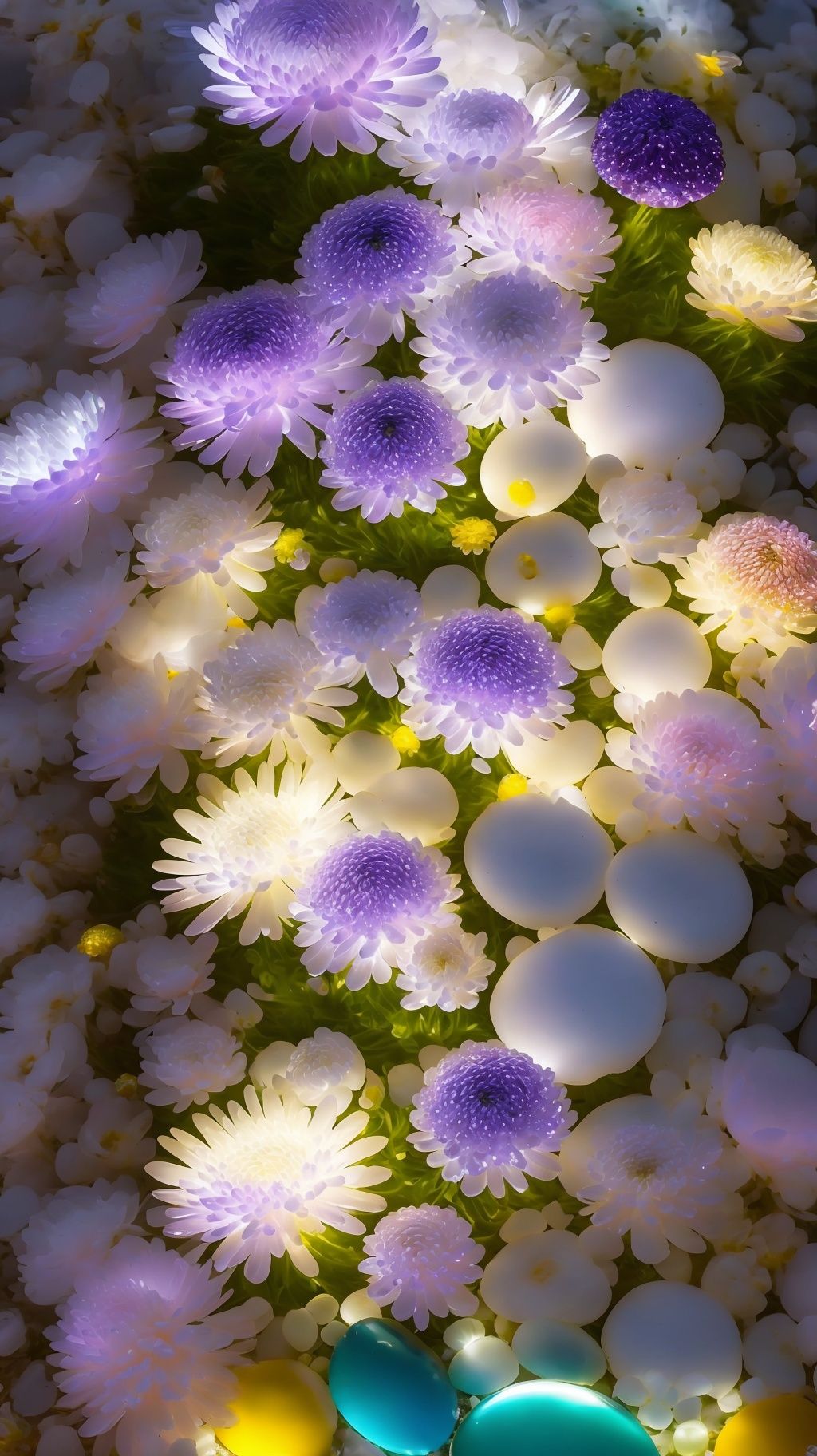 eruanshi,flower,(no humans:1.5),(Little Daisy:1.2),This photo is a beautiful beach in the moonlight,There are many colored chrysanthemums and transparent flowers scattered on the beach,Round,shiny pebbles,Small chrysanthemums and pebbles with agate texture gradually become white and beautiful light pink small chrysanthemums and pebbles,It gives off a faint yellow,Pale white small chrysanthemums and pebbles exude purple,colorful,Crystal clear,Sparkling,Dazzling lights,ROSE Showers in Opal,Small chrysanthemum falling,garden style,HD 8kv super wide angle,On the super pebbles,very beautiful,wide angle lens,Smooth and delicate,glowing detail ar 9:1,