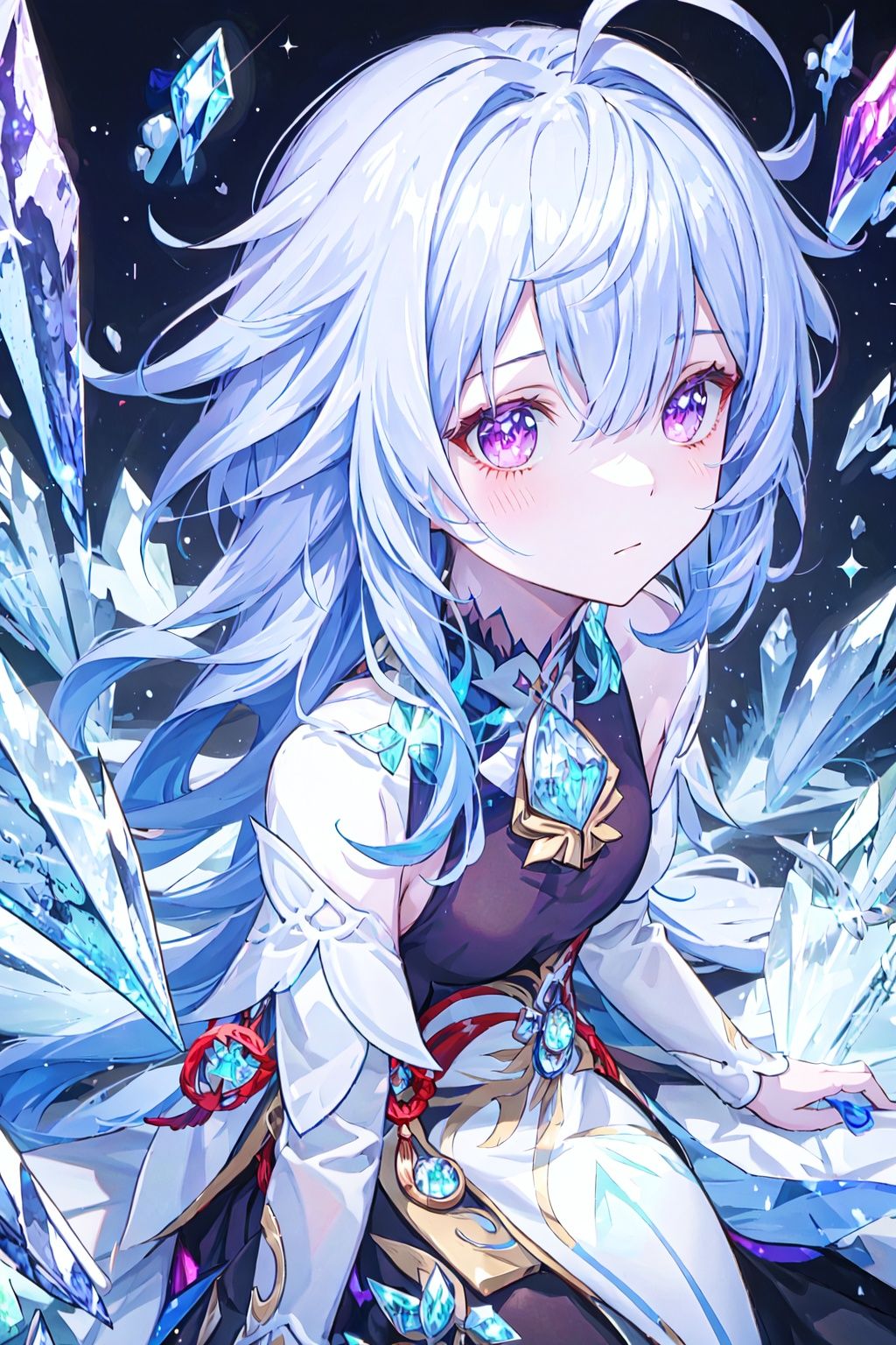 masterpiece, best quality, masterpiece,best quality,official art,extremely detailed CG unity 16k wallpaper,masterpiece, ((1girl)),(science fiction:1.1), (ultra-detailed crystallization:1.5), (crystallizing girl:1.5), kaleidoscope, ((iridescent:1.5) long hair), (glittering purple eyes),blue hair, sitting, surrounded by colorful crystals,  (skin fusion with crystal:1.8), looking up, face focus, simple dress, transparent crystals, flat dark background, lens flare, prism,qiuyinong,ganyu,horn,Navia \(genshin impact\)