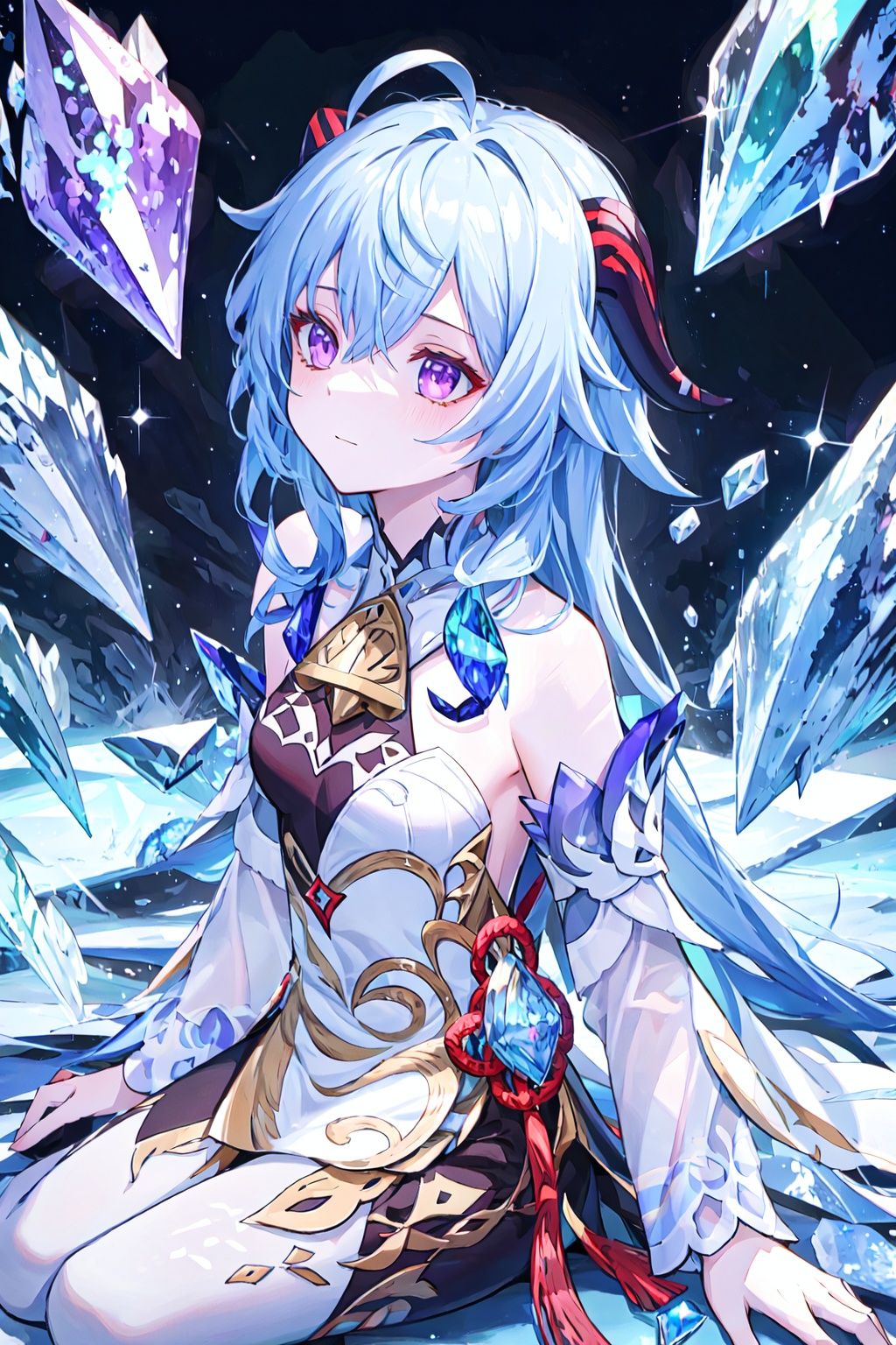 masterpiece, best quality, masterpiece,best quality,official art,extremely detailed CG unity 16k wallpaper,masterpiece, ((1girl)),(science fiction:1.1), (ultra-detailed crystallization:1.5), (crystallizing girl:1.5), kaleidoscope, ((iridescent:1.5) long hair), (glittering purple eyes),blue hair, sitting, surrounded by colorful crystals,  (skin fusion with crystal:1.8), looking up, face focus, simple dress, transparent crystals, flat dark background, lens flare, prism,qiuyinong,ganyu,horn,Navia \(genshin impact\)
