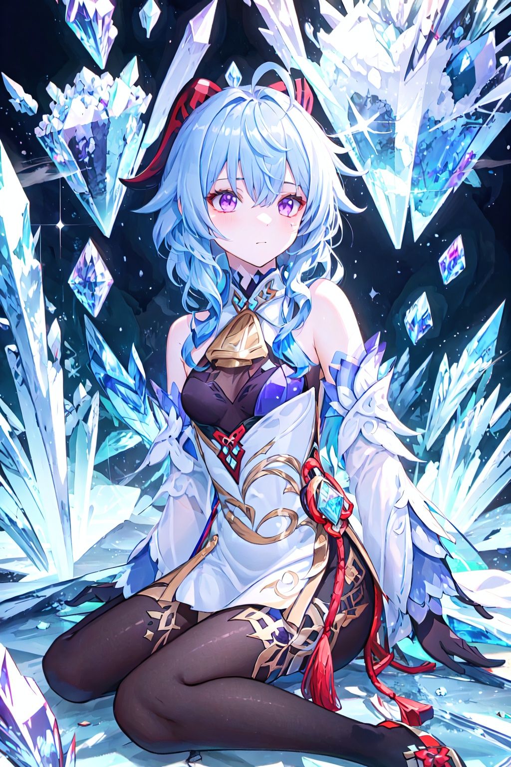 masterpiece, best quality, masterpiece,best quality,official art,extremely detailed CG unity 16k wallpaper,masterpiece, ((1girl)),(science fiction:1.1), (ultra-detailed crystallization:1.5), (crystallizing girl:1.5), kaleidoscope, ((iridescent:1.5) long hair), (glittering purple eyes),blue hair, sitting, surrounded by colorful crystals,  (skin fusion with crystal:1.8), looking up, face focus, simple dress, transparent crystals, flat dark background, lens flare, prism,qiuyinong,ganyu,horn,Navia \(genshin impact\)