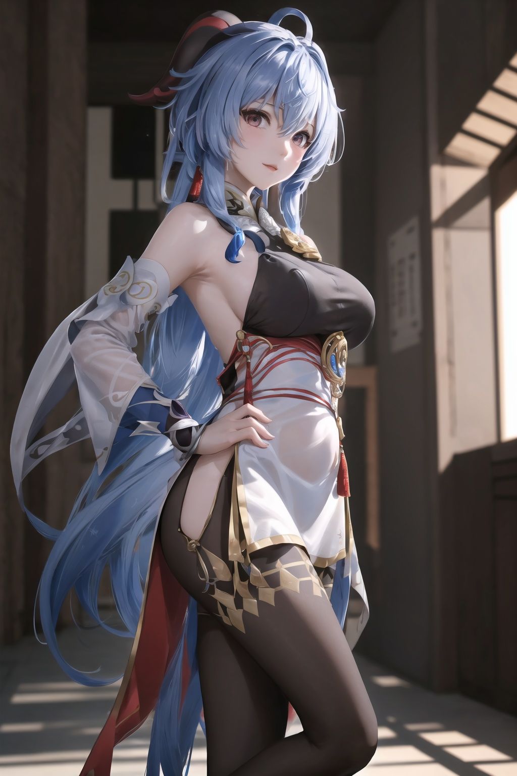 masterpiece,best quality,extremely detailed CG unity 8k wallpaper,
A girl,ganyu,black silk stockings, hands on hip, 