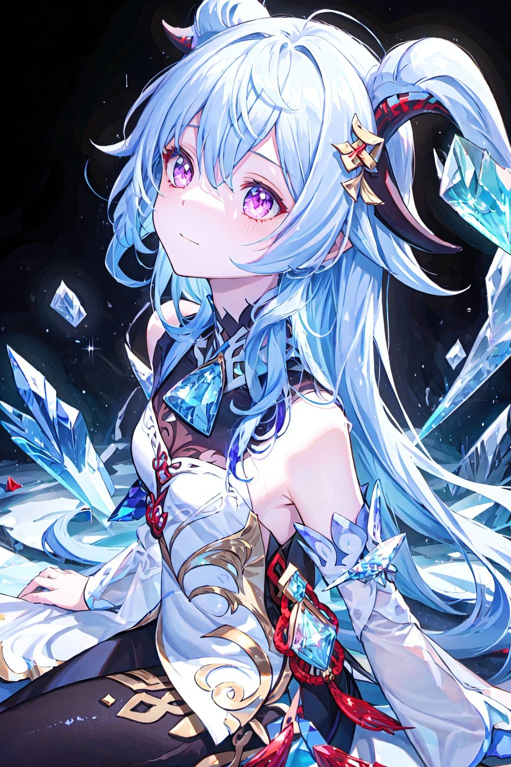 masterpiece, best quality, masterpiece,best quality,official art,extremely detailed CG unity 16k wallpaper,masterpiece, ((1girl)),(science fiction:1.1), (ultra-detailed crystallization:1.5), (crystallizing girl:1.5), kaleidoscope, ((iridescent:1.5) long hair), (glittering purple eyes),blue hair, sitting, surrounded by colorful crystals,  (skin fusion with crystal:1.8), looking up, face focus, simple dress, transparent crystals, flat dark background, lens flare, prism,qiuyinong,ganyu,horn,Navia \(genshin impact\)