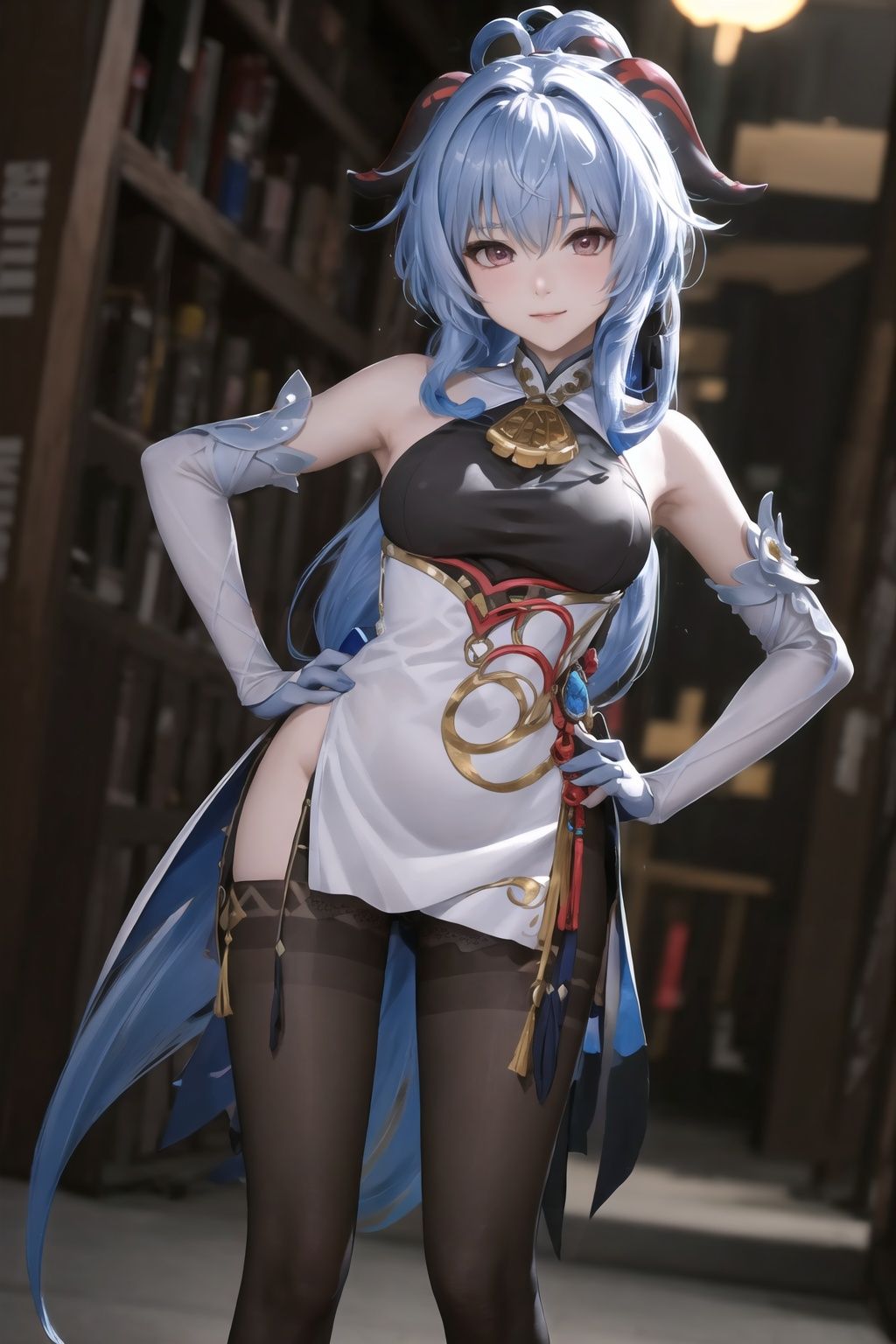 masterpiece,best quality,extremely detailed CG unity 8k wallpaper,
A girl,ganyu,black silk stockings, hands on hip, 