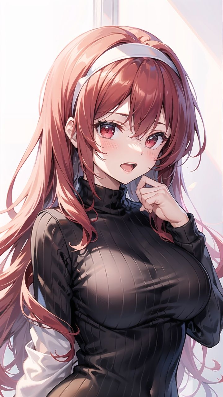 portrait,virgin killer sweater, 1girl, breasts, solo, meme attire, yor briar,medium breasts, red eyes, white background, black and red hair, open mouth, hairband, red sweater, blush, simple background, sidelocks, dress, upper body, bangs, ribbed sweater, sweater dress, long hair <lora:mecha girl_v1.0:0.6>