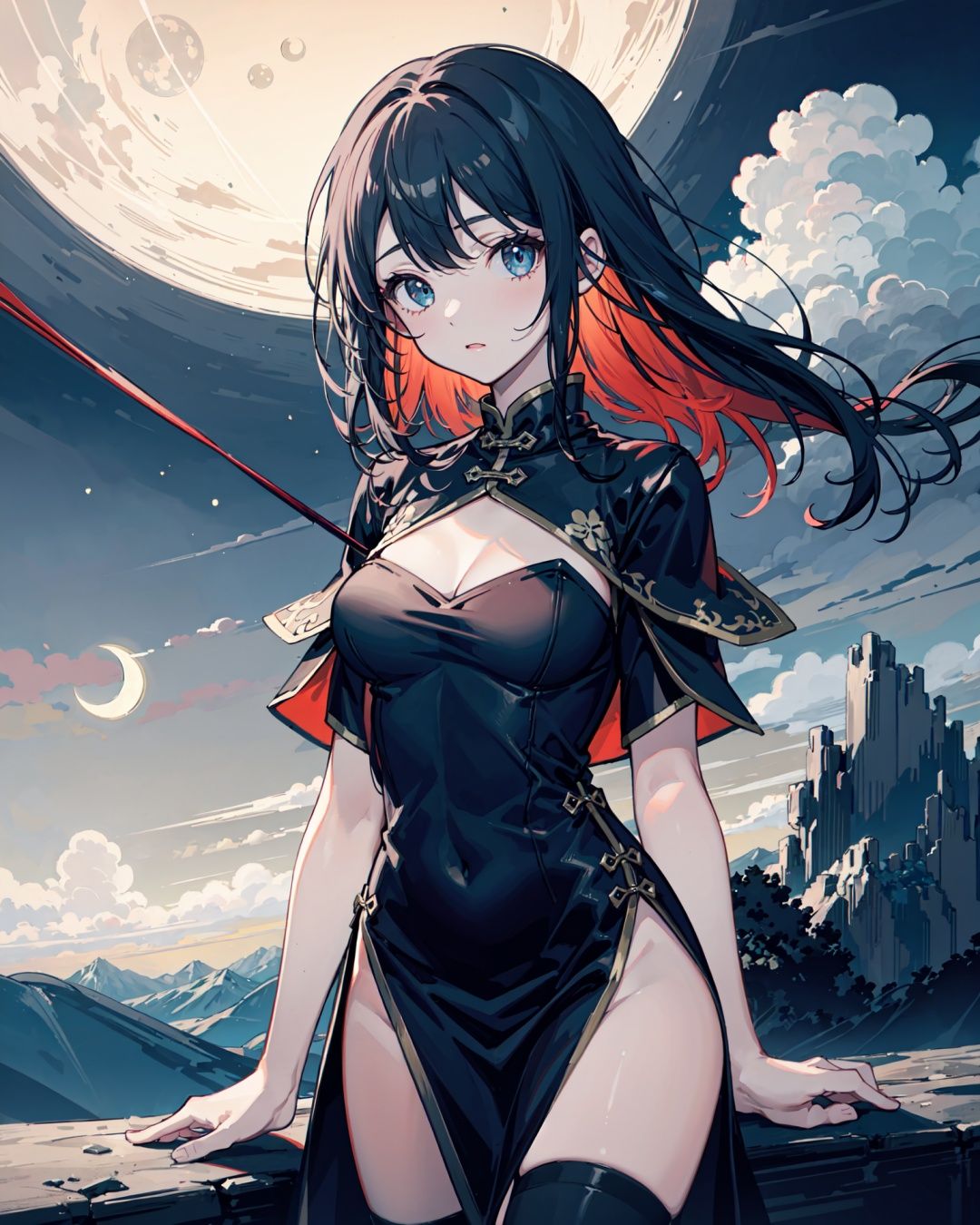 1girl, cowboy shot, black hair, Chinese armor dress, close-up, (half string moon:1.2), dark clothes, at night, mountain, cloud, landscape..