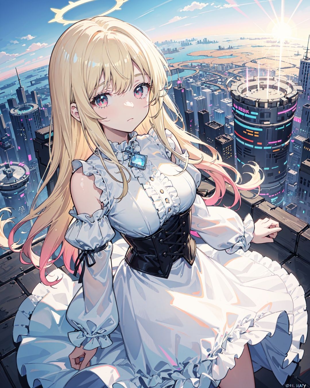 1girl, depth of field, (cold expression), (light blonde [long] hair), (gradient [blue:0.4|pink:0.6] eyes), white dress, black corset, black frilled puffy detached sleeves, halo, looking at viewer, falling from the sky, (from upon:1.35), (above the modern city:1.2), (reverse city above and sky below:1.3)