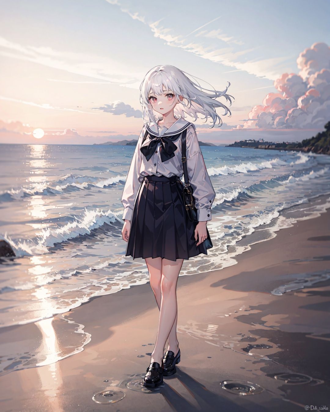 1girl, white hair, seaside, dusk, shirt, skirt, 