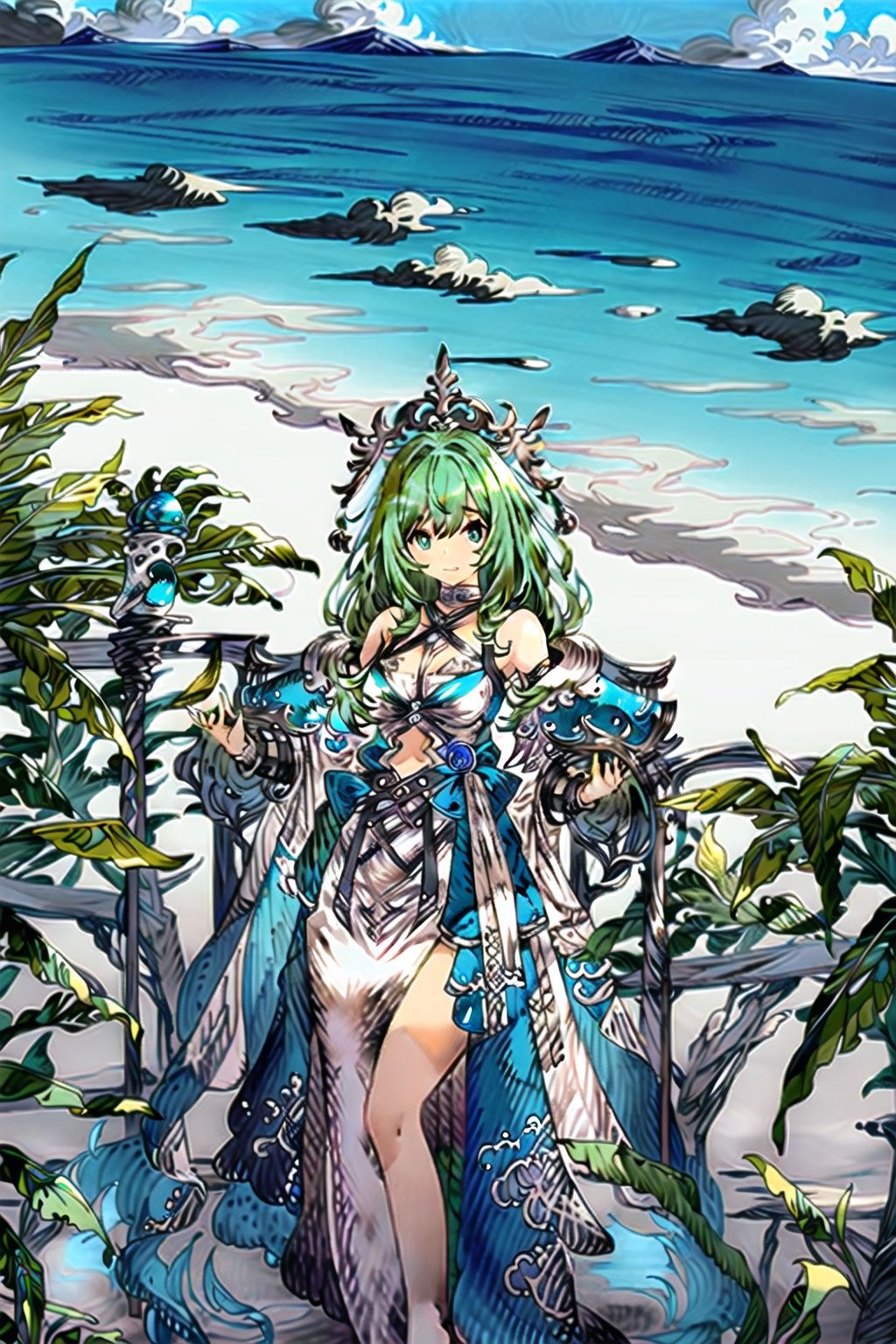 est quality, masterpiece, extremely detailed, detailed background, 1girl, sea, beach, city, 