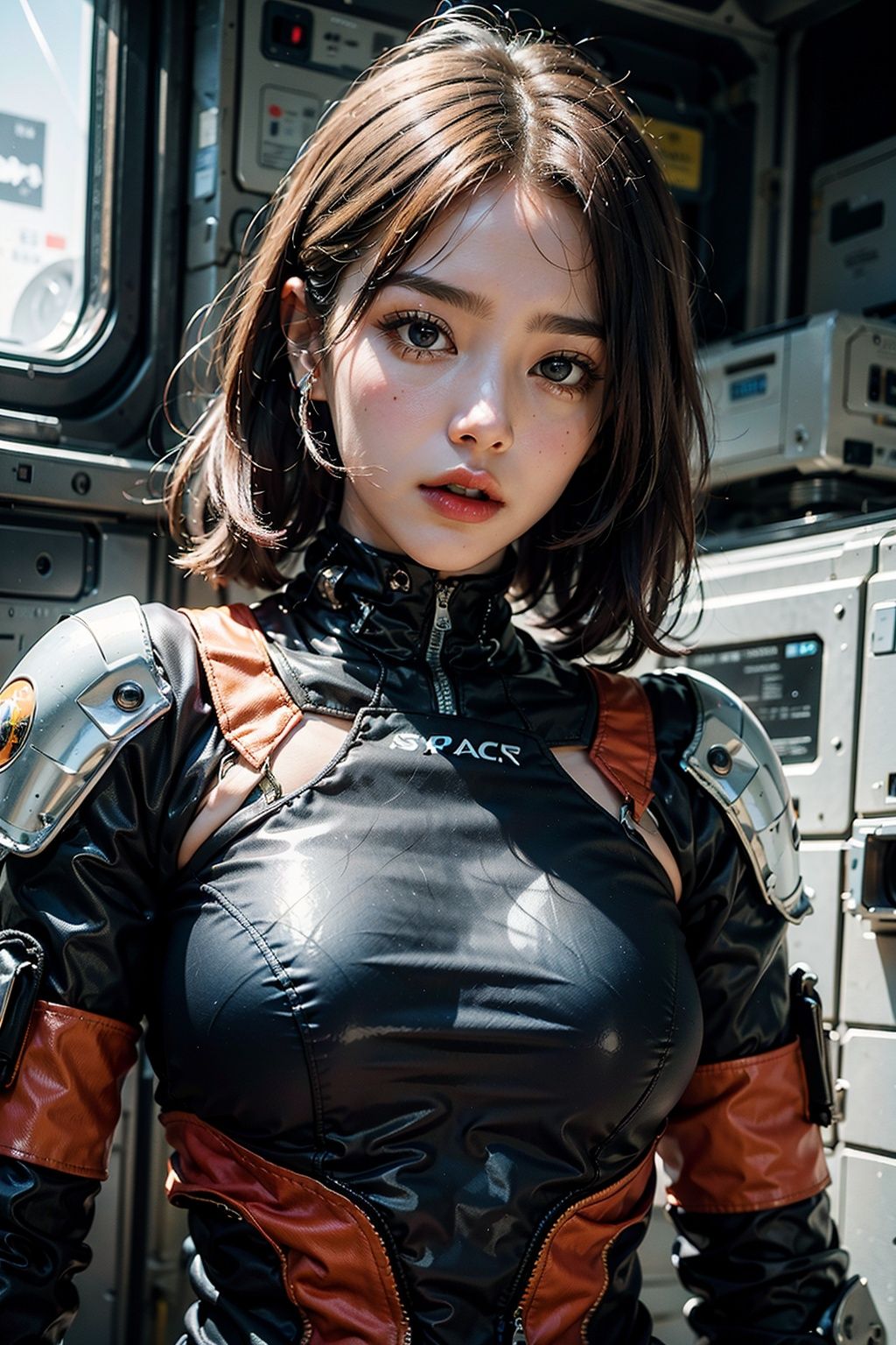 1girl, upper body,  <lora:cyber_20230605125330:0.8>,spacestation,red