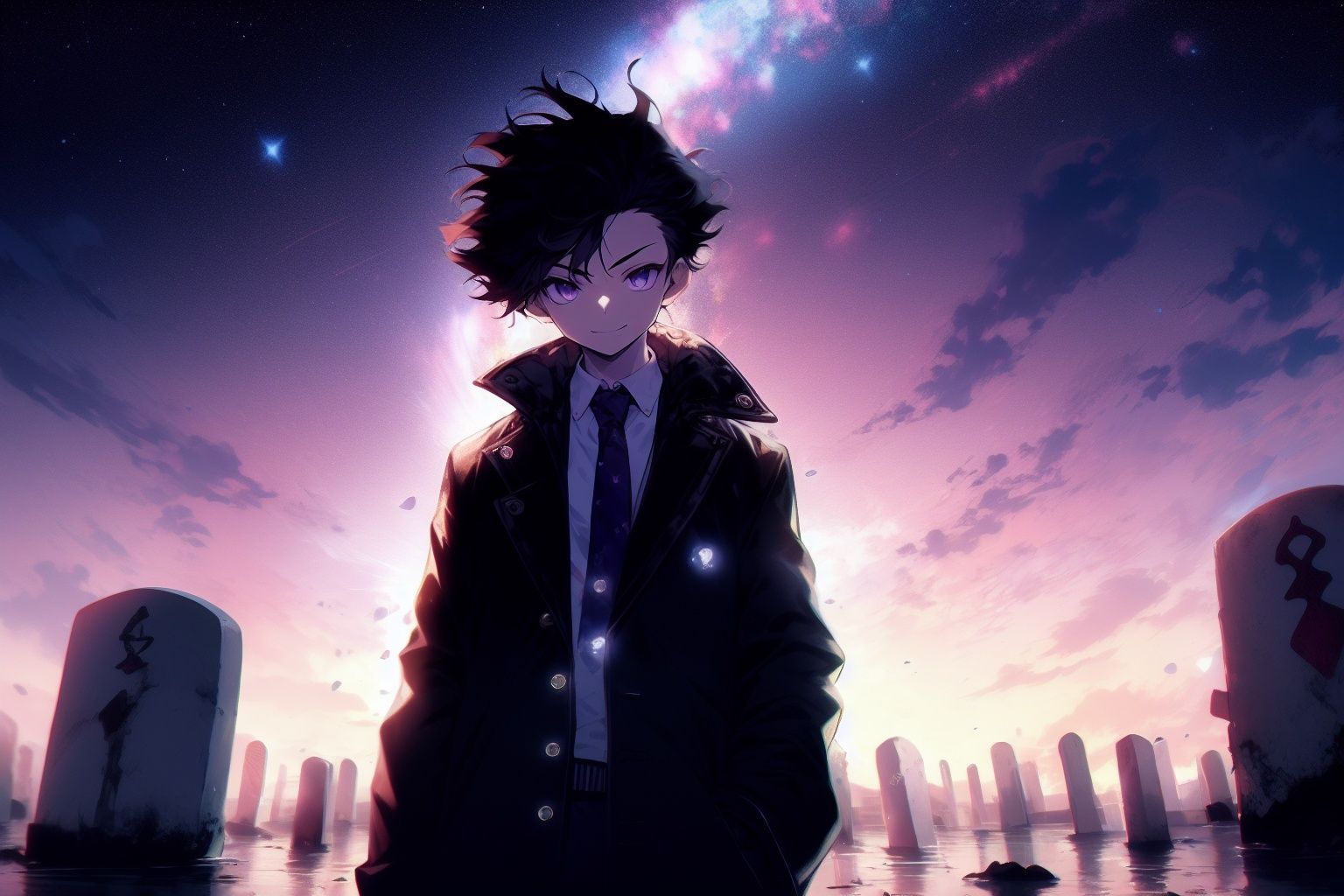 from front, (cowboy shot:1.3), midnight, night, cloudy sky,
BREAK
solo,(boy focus),(1boy:1.55),aged down,(face to viewer and looking at viewer),asymmetrical bangs,(darkred purple starry eyes),(short purple flipped asymmetrical hair:1.2),one side hair pulled back,(naughty face:1.15),warm smile,white shirt,(black technical overcoat with purple line and necktie),long black boots,(stone lantern),
hand in pocket,
(standing in giant tombstones:1.2),
BREAK
[rubble and moss and little flowers everywhere],detialed broken graveyard background,
the surface of the water reflected the bright stars,(prismatic), iridescent,White Pantyhose