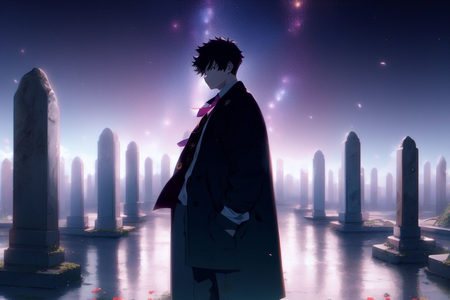 from front, (cowboy shot:1.3), midnight, night, cloudy sky,
BREAK
solo,(boy focus),(1boy:1.55),aged down,(face to viewer and looking at viewer),asymmetrical bangs,(darkred purple starry eyes),(short purple flipped asymmetrical hair:1.2),one side hair pulled back,(naughty face:1.15),warm smile,white shirt,(black technical overcoat with purple line and necktie),long black boots,(stone lantern),
hand in pocket,
(standing in giant tombstones:1.2),
BREAK
[rubble and moss and little flowers everywhere],detialed broken graveyard background,
the surface of the water reflected the bright stars,(prismatic), iridescent,White Pantyhose