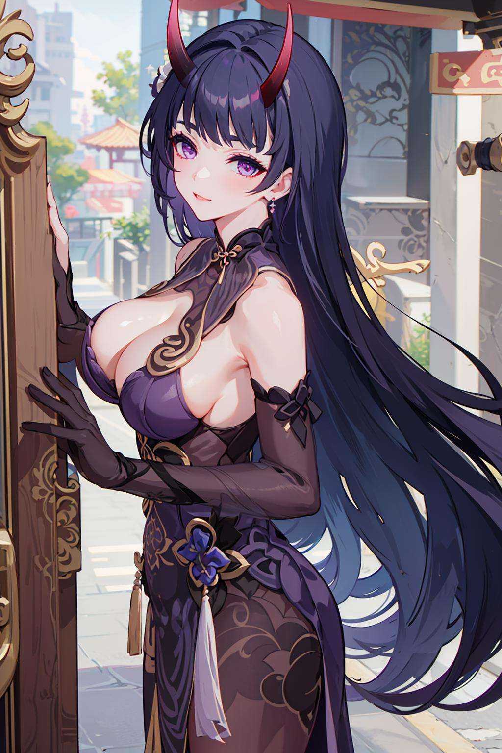 ultra high res,masterpiece,best quality,1girl,raiden mei,very long hair,bodystocking,breast curtains,white tassel,purple china dress,see-through,gloves,purple horns,outdoors,street,<lora:028:1>,