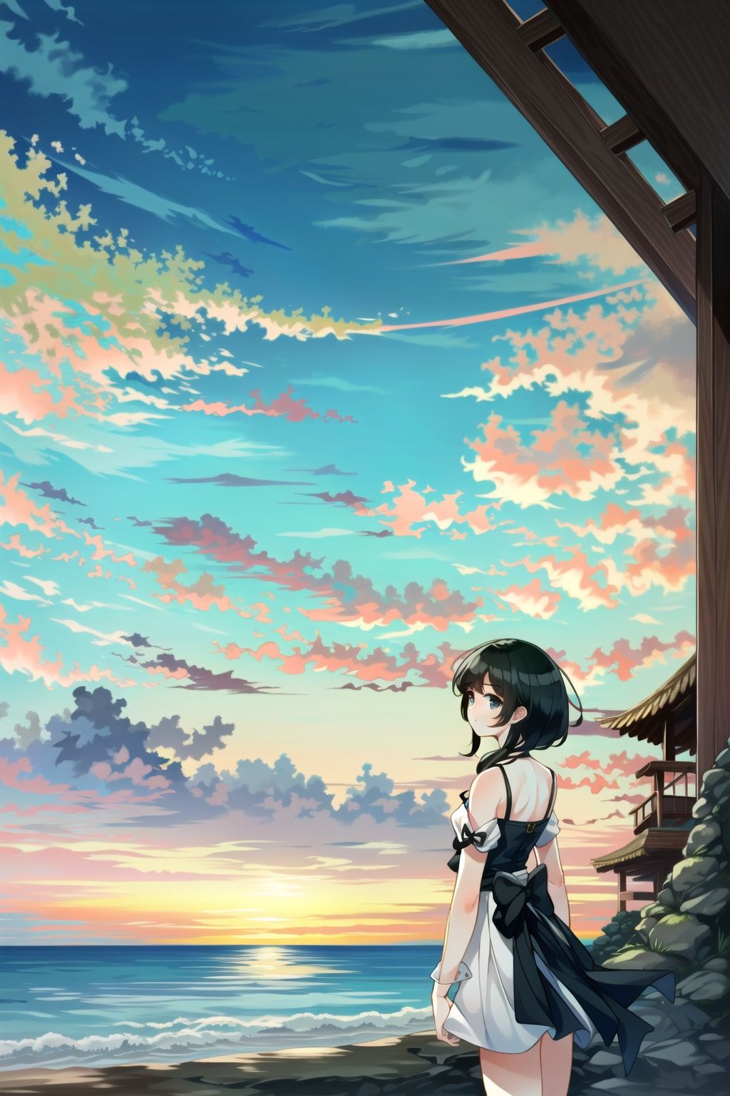 est quality, masterpiece, extremely detailed, detailed background, 1girl, sea, beach, city, 