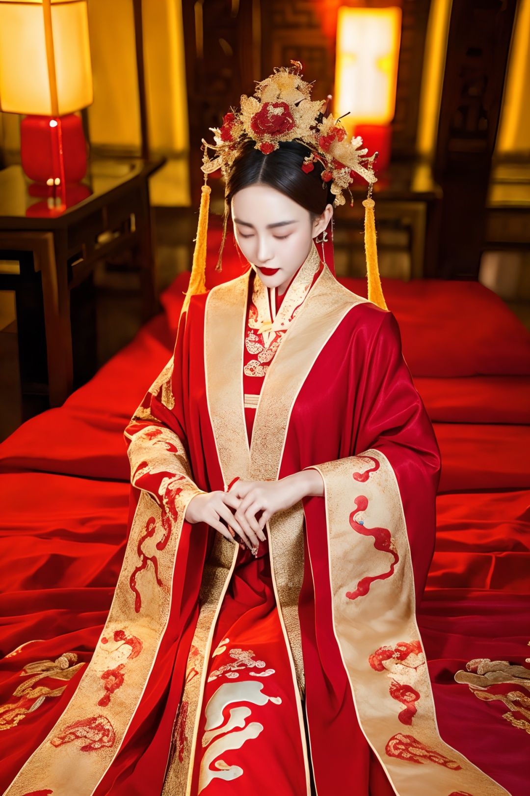 (best quality:1.1) ,(photorealistic:1.1), (photography:1.1), (highly detailed:1.1),
a woman in a red and gold dress, Phoenix crown,hair stick,(sitting on red bed), Cosmetic,shy,black_hair, looking down, (forehead dot),(2 red candles), chinese_clothes, curtains, earrings, hair_ornament, hanfu, indoors, jewelry, red nails,  long_sleeves, red dress, red lips, tassel, (Red quilt),(red palace:1.2),(ancient Chinese architecture),(red:1.8),无