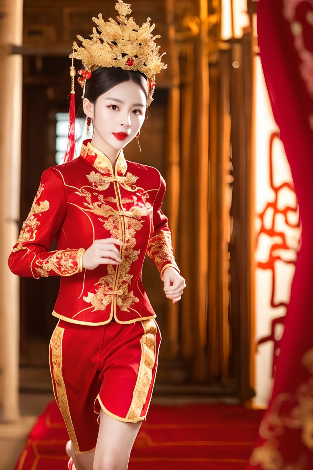 (best quality:1.1) ,(photorealistic:1.1), (photography:1.1), (highly detailed:1.1),(running:1.8),
a woman in a red and gold dress, Phoenix crown,hair stick,(sitting on red bed), Cosmetic,shy,black_hair, looking down, (forehead dot),(2 red candles), chinese_clothes, curtains, earrings, hair_ornament, hanfu, indoors, jewelry, red nails,  long_sleeves, red dress, red lips, tassel, (Red quilt),(red palace:1.2),(ancient Chinese architecture),(red:1.8),无
