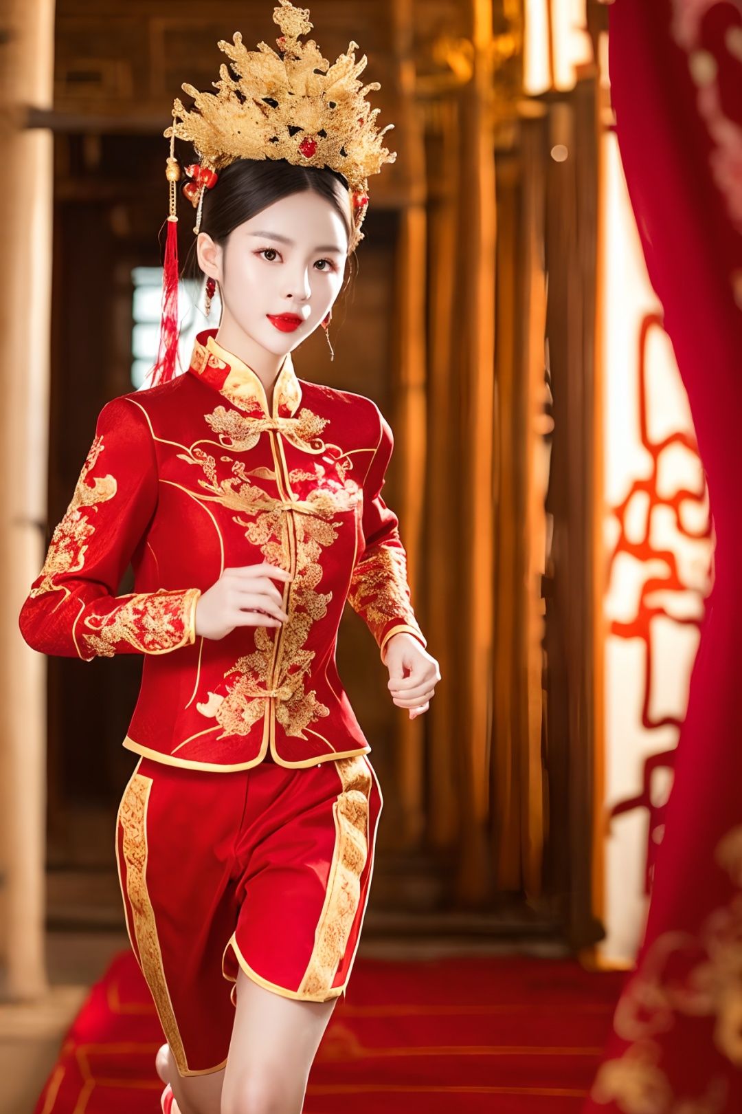 (best quality:1.1) ,(photorealistic:1.1), (photography:1.1), (highly detailed:1.1),(running:1.8),
a woman in a red and gold dress, Phoenix crown,hair stick,(sitting on red bed), Cosmetic,shy,black_hair, looking down, (forehead dot),(2 red candles), chinese_clothes, curtains, earrings, hair_ornament, hanfu, indoors, jewelry, red nails,  long_sleeves, red dress, red lips, tassel, (Red quilt),(red palace:1.2),(ancient Chinese architecture),(red:1.8),无