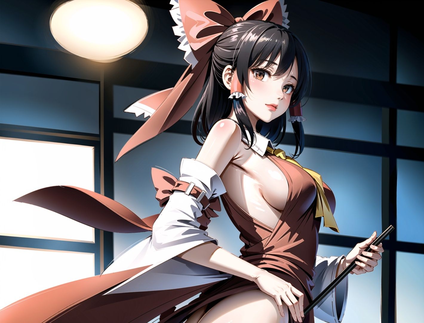 masterpiece, best quality, <lora:reimu:0.8>,1girl, hair bow,ascot,hair tubes,brown eyes,miko,detached sleeves,sideboob, (kbxll:0.8),Side breast, buttocks  <lora:MIX1:0.8>