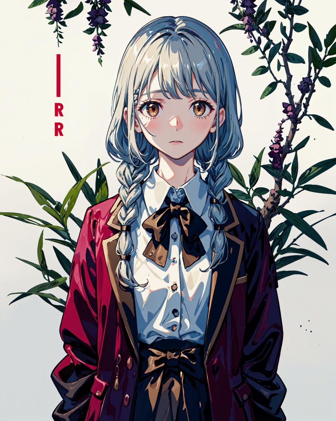 1girl, (low braid:1.25), (grey hair), brown eyes, beige jacket, white collared shirt, cold expression, hands on shoulder, (white background:1.15), (brown branches with flowers:1.15), (Myrica:1.25), (upper body:1.45), (A splash of colored paint:1.15), Movie poster, (paint words:/Myrica/:1.2),