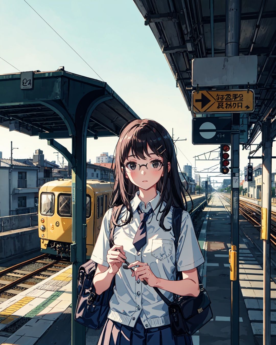 upper body, 1girl, student, black hair, long hair, black eyes, crossed hairpin, wearing a white school uniform with a black collar, black tie, carrying a schoolbag, wearing glasses,Tram stop, dusk, (standing on the train platform), the train coming from a distance behind the girl, looking at viewer