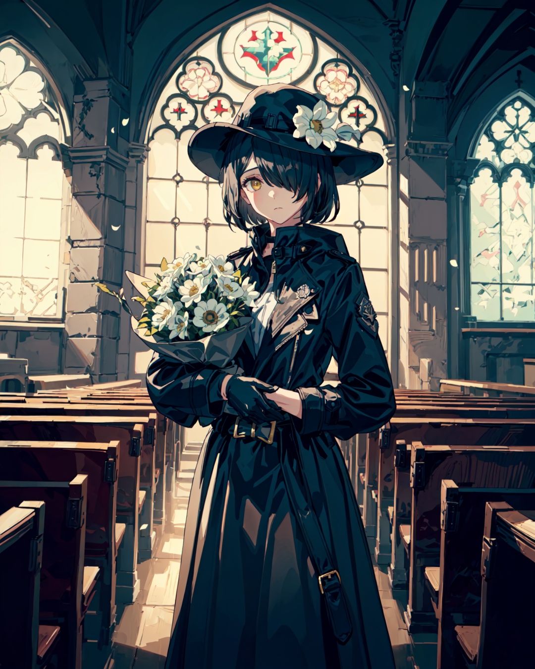 (Cowboy shot:1.35),1girl, black hair, short hair, full bangs, (hair over one eye), golden eyes, cold expression, (closed black trench jacket waist:1.25), (Black lace lining), (long black full skirt:1.2), (small black hamburger hat worn sideways), (black long gloves:1.15), (carrying a large bouquet of white flowers:1.2),(Church:1.2), indoors,