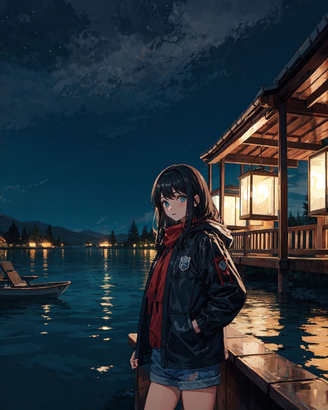 1girl, cowboy shot, black hair, lake, night, 