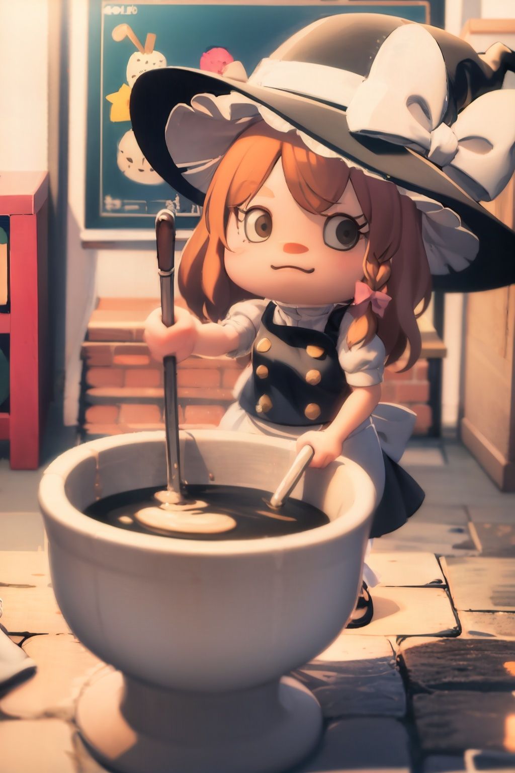 masterpiece, best quality,  <lora:ach02-000010:1>, (chibi:1.2),  <lora:marisa:0.7>,1girl,kirisame marisa, witch hat, blonde hair, short hair, hat bow,braid, bow,apron, short sleeves, 