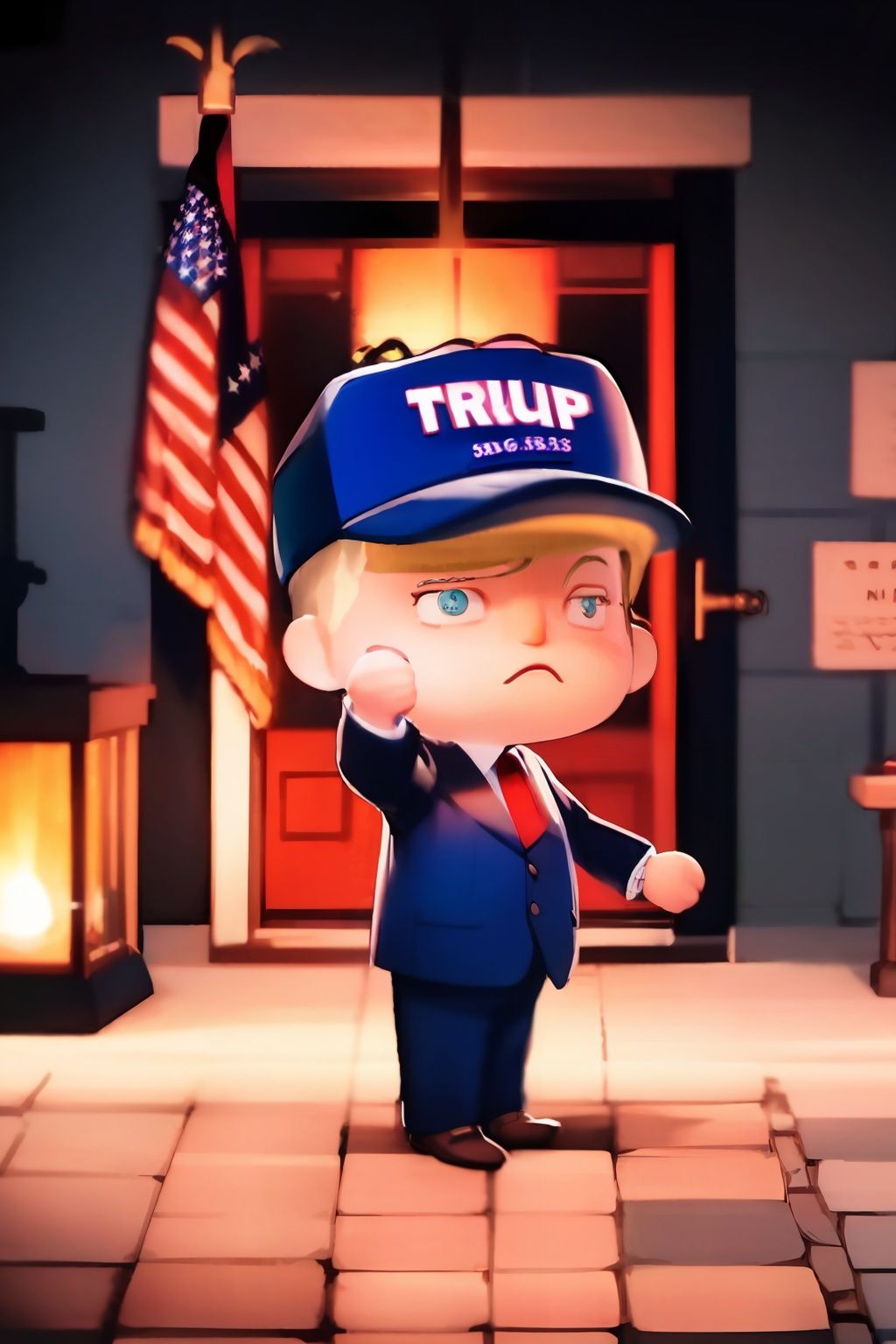 masterpiece, best quality,  <lora:ach02-000010:1>, chibi,1boy,male focus,old man,blonde hair, (donald trump:1.4),american flag, maga hat ,suit,formal, red necktie, 
