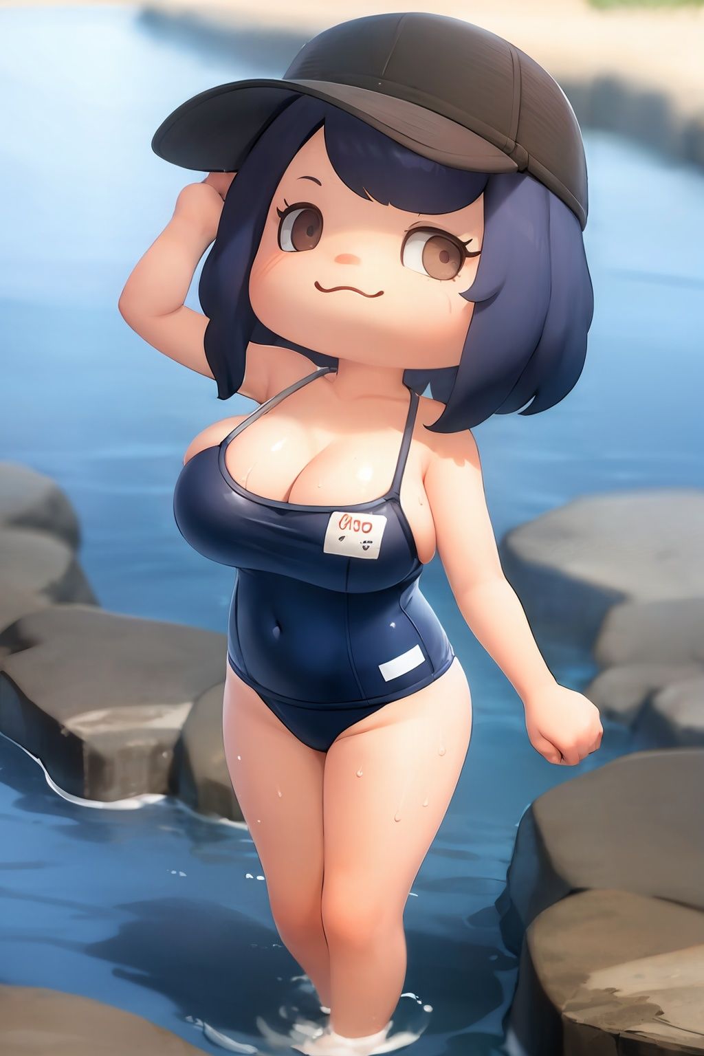 masterpiece, best quality,  <lora:ach02-000010:1>,chibi, 1girl,sea,swimsuit, large breasts, 