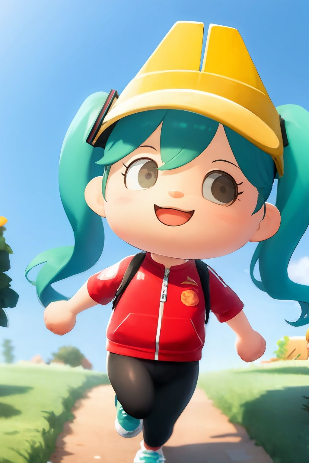 masterpiece, best quality,  <lora:ach02-000010:1>,chibi,1girl,hatsune miku, green hair,long hair,twintails, headgear, outdoors, blue sky, running, smile,open mouth, 
