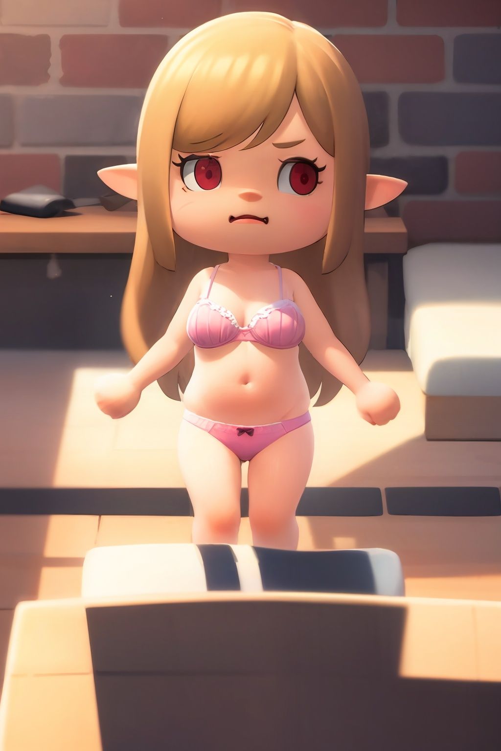masterpiece, best quality,  <lora:ach02-000010:1>, (chibi:1.2),1girl,large breasts, underwear, pink bra,pink panties,indoors,blonde hair, long hair,pointy ears, red eyes