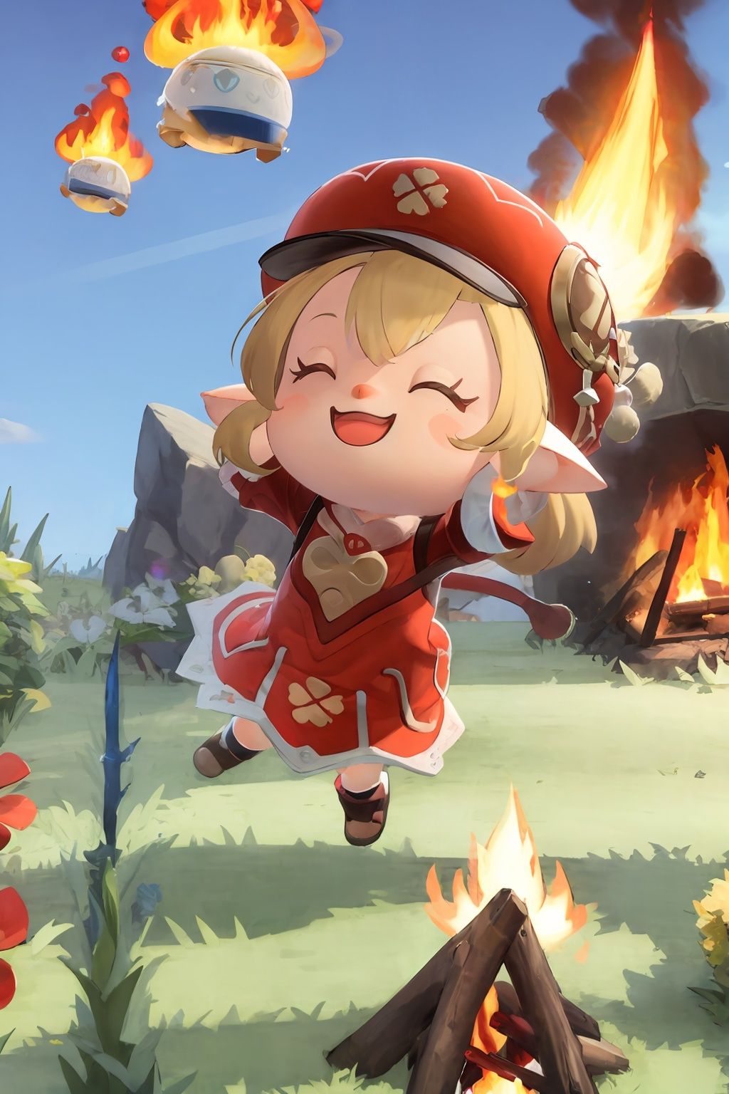 masterpiece, best quality,  <lora:ach02-000010:1>,chibi, 1girl,klee \(genshin impact\), red hat,pointy ears, happy,open mouth,smile,closed eyes, arms up, fire,grass,bomb,explosion