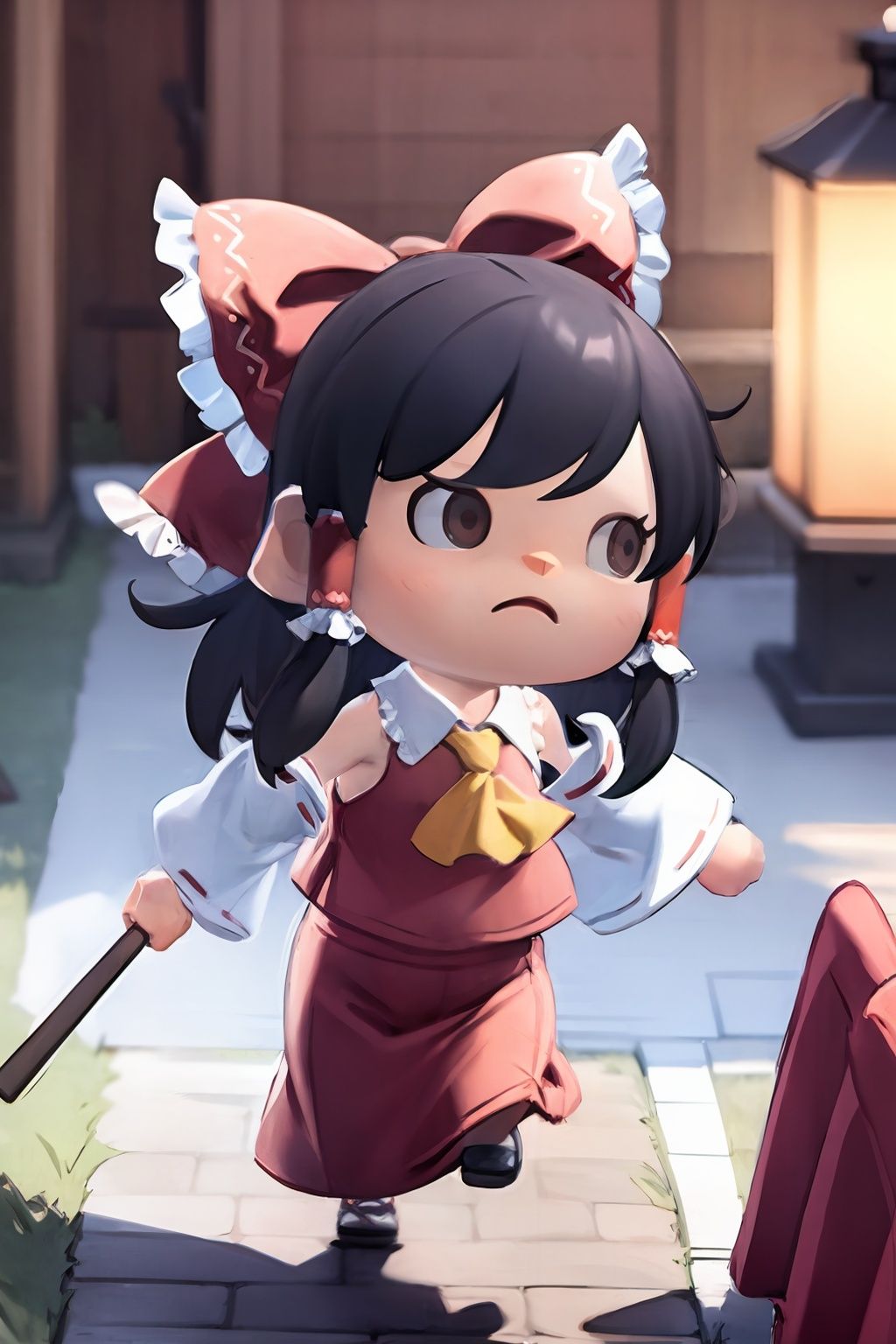 masterpiece, best quality,  <lora:ach02-000010:1>, (chibi:1.2), <lora:reimu:0.8>,1girl,hakurei reimu, hair bow,long hair,ascot, hair tubes,detached sleeves, red vest,red skirt,running, 