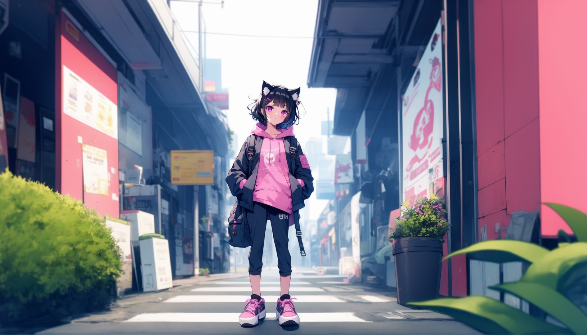 1girl, cat, animal ears, jacket, black hair, pants, shoes, solo, black cat, black pants, holding, purple eyes, standing, hands in pockets, cat ears, bangs, shirt, bag, black footwear, open clothes, animal, outdoors, short hair, full body, hood, open jacket, fake animal ears, long sleeves, grey jacket, closed mouth, looking at viewer, blunt bangs, hairclip, sneakers, hair ornament, plant, sign, backpack, blurry, pink eyes, hood down, pink shirt, puffy sleeves