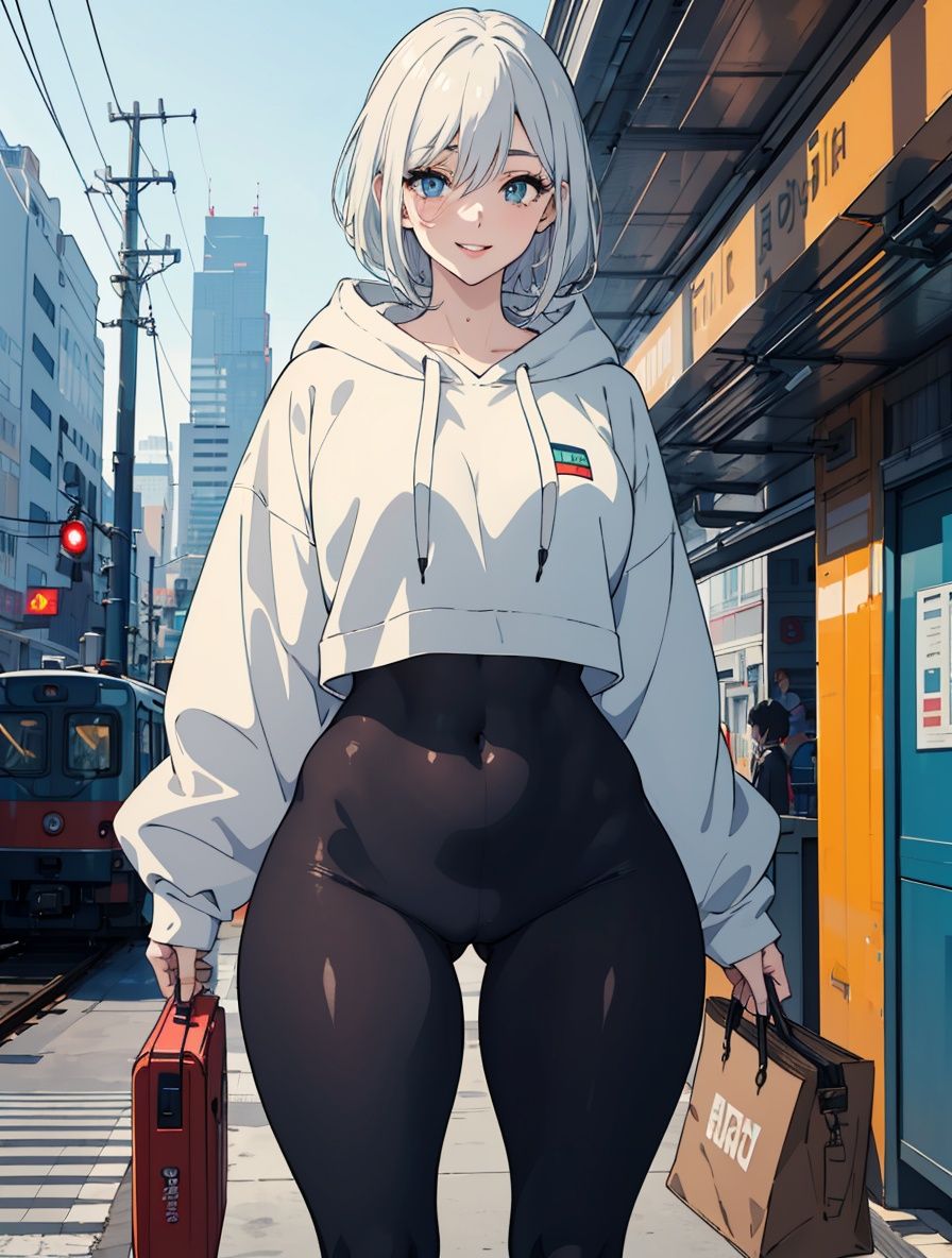 (masterpiece:1.2), (best quality:1.2) 1girl, long eyelashes, anime style, perfect face, full lips, smile, mature, sweat, pale skin, thick thighs, wide hips, oversized hoodie, tights, subway station background 