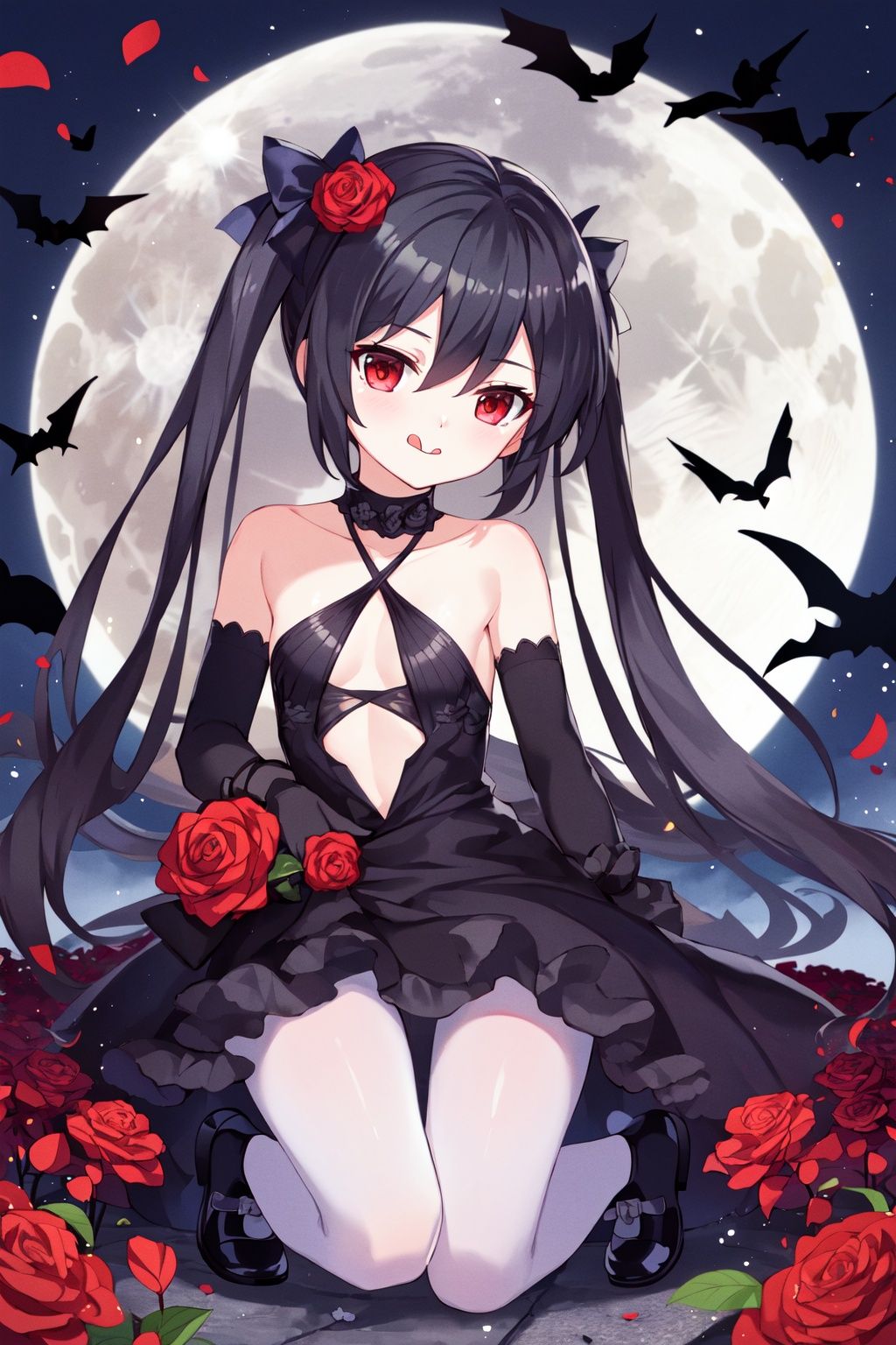1girl, red flower, solo, tongue out, criss-cross halter, red rose, gloves, black dress, dress, flower, red eyes, bangs, long hair, rose, tongue, pantyhose, white pantyhose, black gloves, halterneck, petals, hair between eyes, very long hair, :q, moon, black footwear, elbow gloves, hair ornament, hair flower, bow, full moon, bat \(animal\), twintails, white hair, bare shoulders, red bow, closed mouth, hair bow, grave, cross, looking at viewer, small breasts <lora:tsubasahdLycoris:0.7>
